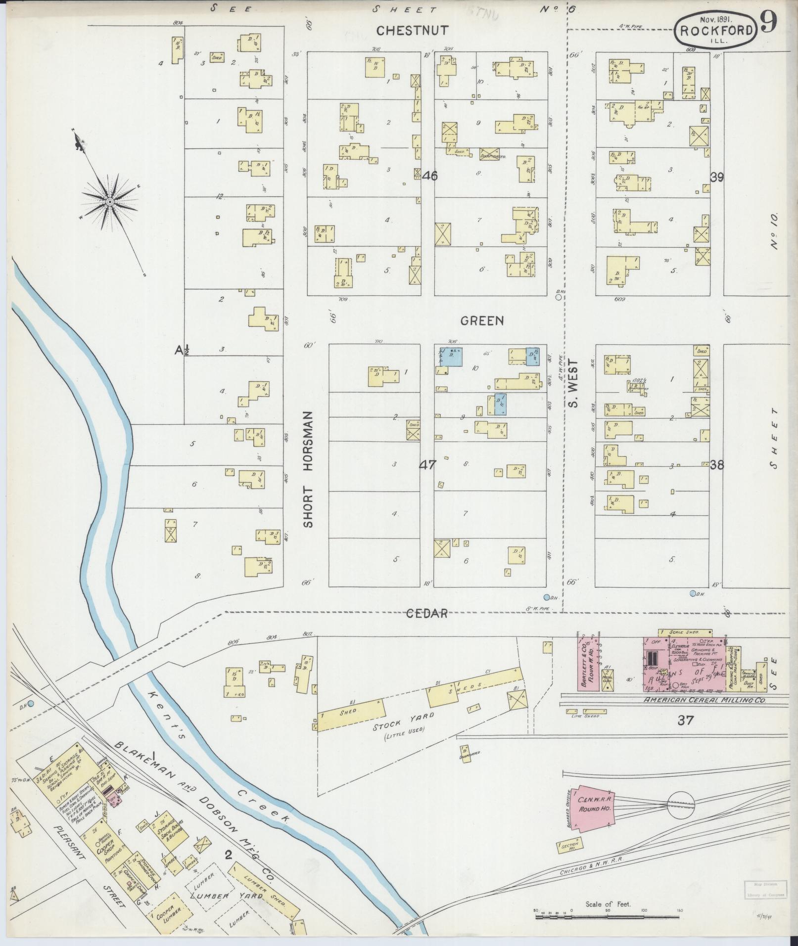 Sanborn Fire Insurance Map from Rockford, Winnebago County, Illinois (1891), Sheet #0009 - Complete Map Set gallery image, historic Sanborn map, vintage wall art, Illinois Illinois