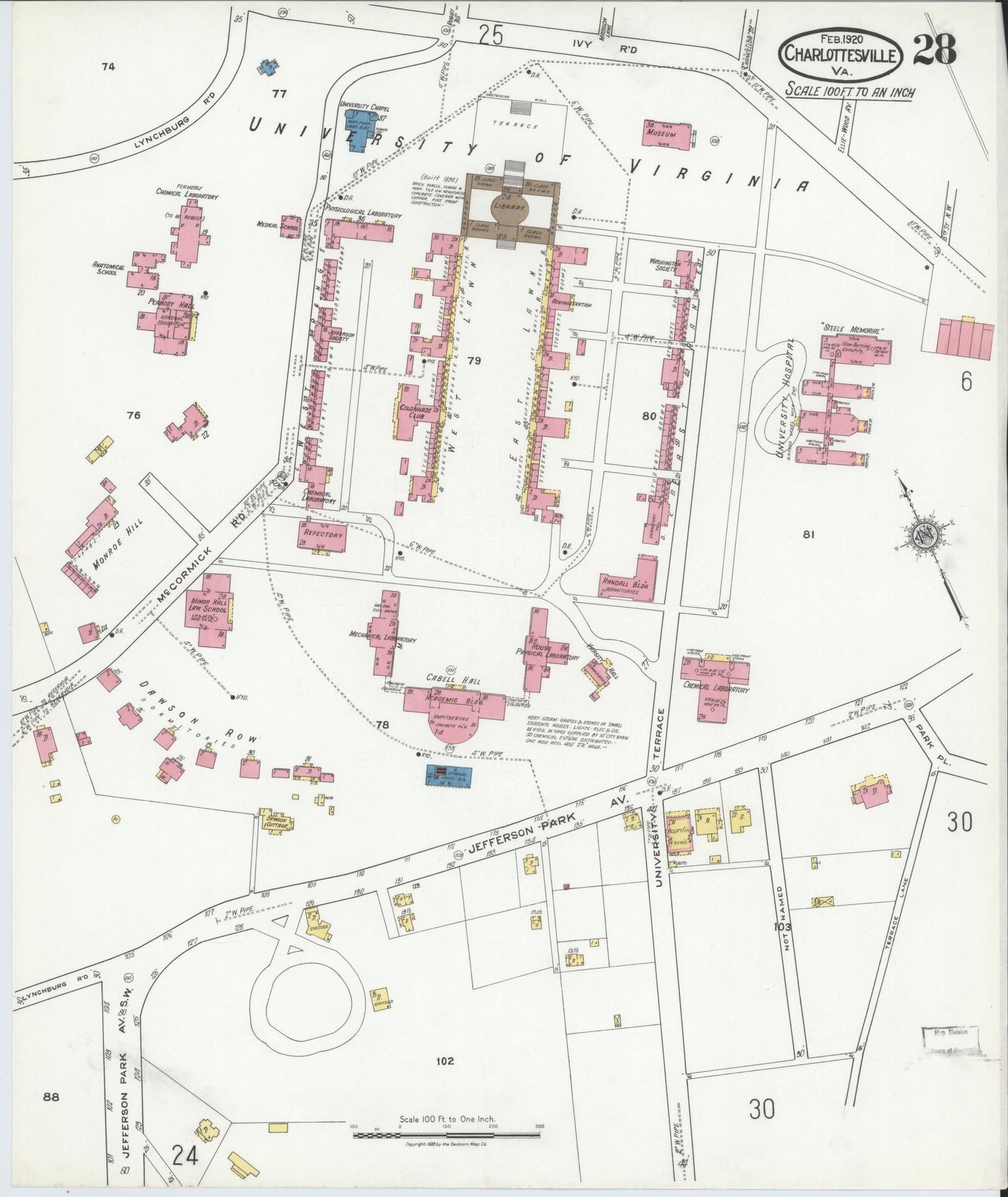 Sanborn Fire Insurance Map from Charlottesville, Independent Cities, Virginia (1920), Sheet #0028 - Complete Map Set gallery image, historic Sanborn map, vintage wall art, Virginia Virginia