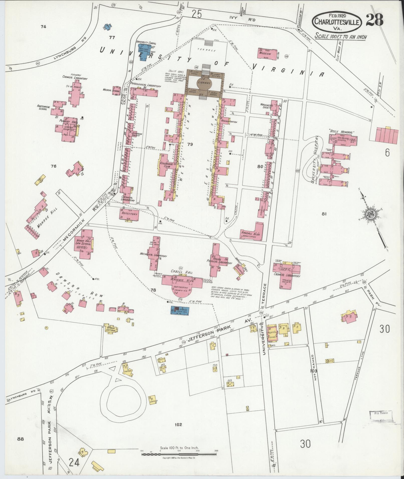 Sanborn Fire Insurance Map from Charlottesville, Independent Cities, Virginia (1920), Sheet #0028 - Complete Map Set gallery image, historic Sanborn map, vintage wall art, Virginia Virginia