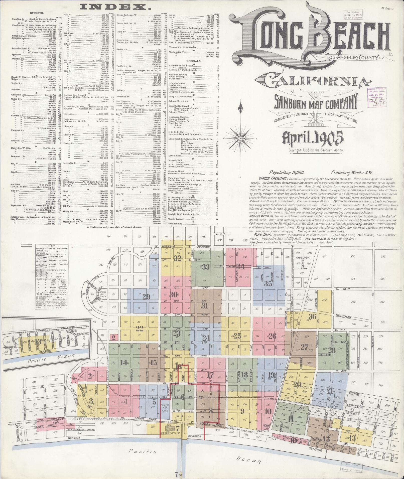 Sanborn Fire Insurance Map from Long Beach, Los Angeles County, California (1905), Sheet #0001 - Historic Sanborn Fire Insurance Map Print, vintage old map wall art, antique decor, genealogy gift, California California map