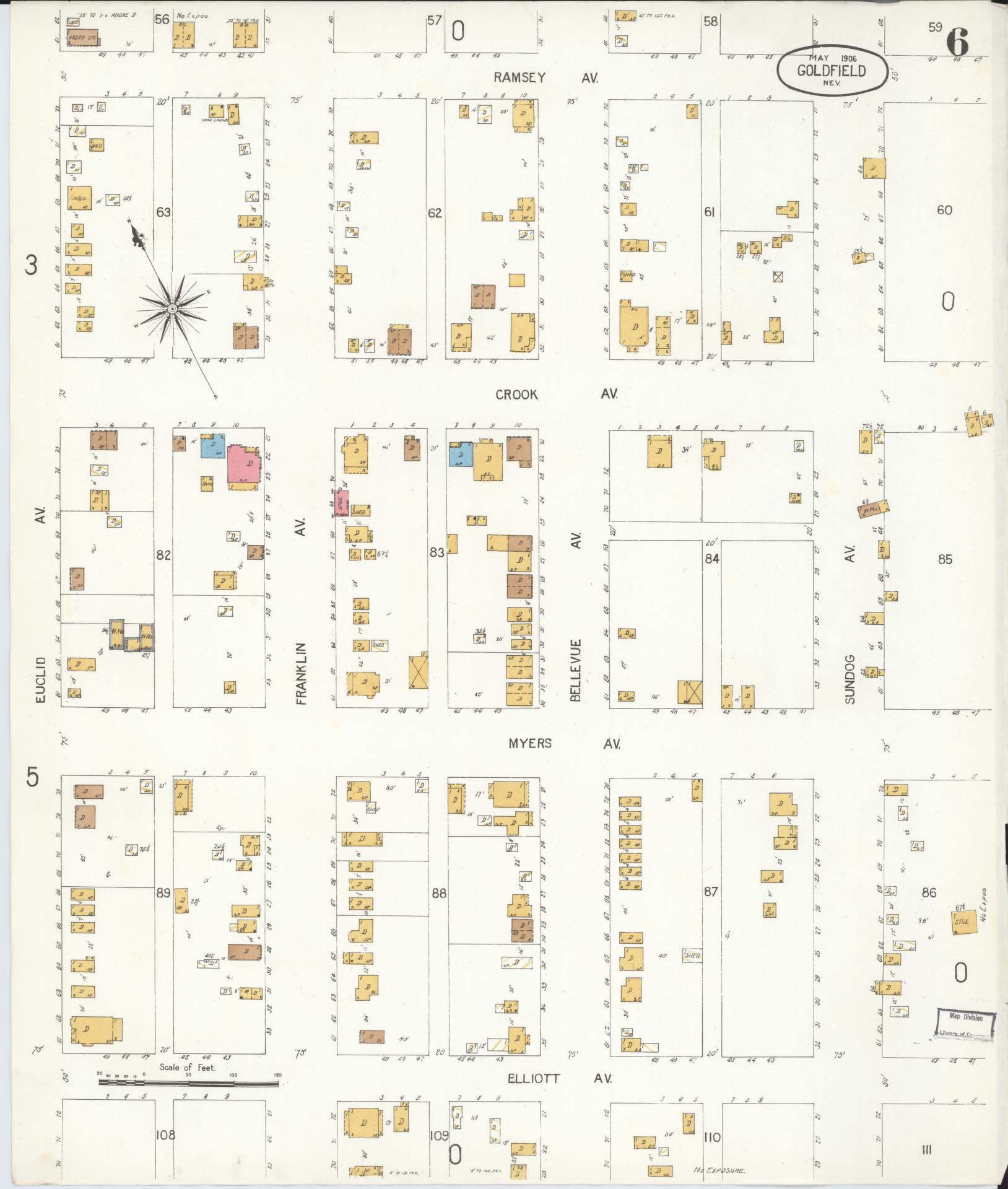 Sanborn Fire Insurance Map from Goldfield, Esmeralda County, Nevada (1906), Sheet #0006 - Historic Sanborn Fire Insurance Map Print, vintage old map wall art, antique decor, genealogy gift, Nevada Nevada map
