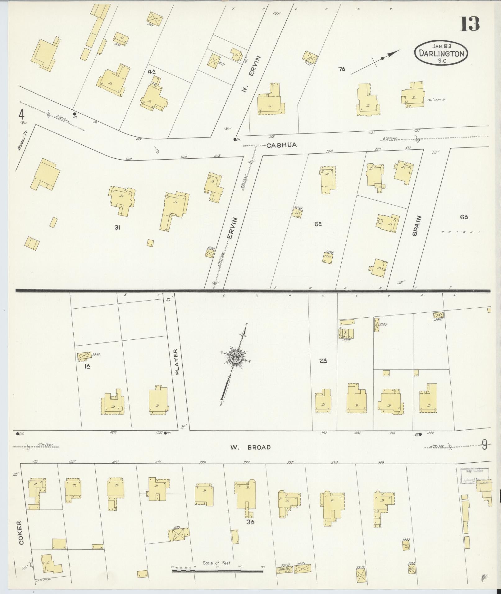 Sanborn Fire Insurance Map from Darlington, Darlington County, South Carolina (1913), Sheet #0013 - Historic Sanborn Fire Insurance Map Print, vintage old map wall art, antique decor, genealogy gift, South Carolina South Carolina map