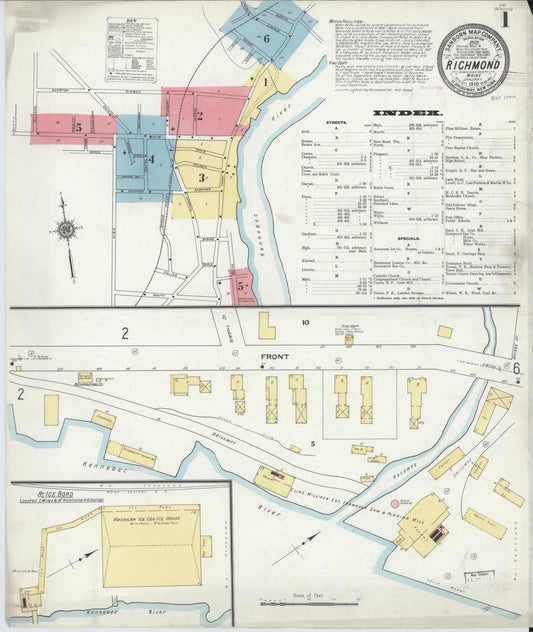 Sanborn Fire Insurance Map from Richmond, Sagadahoc County, Maine (1910), Sheet #0001 - Historic Sanborn Fire Insurance Map Print, vintage old map wall art, antique decor, genealogy gift, Maine Maine map