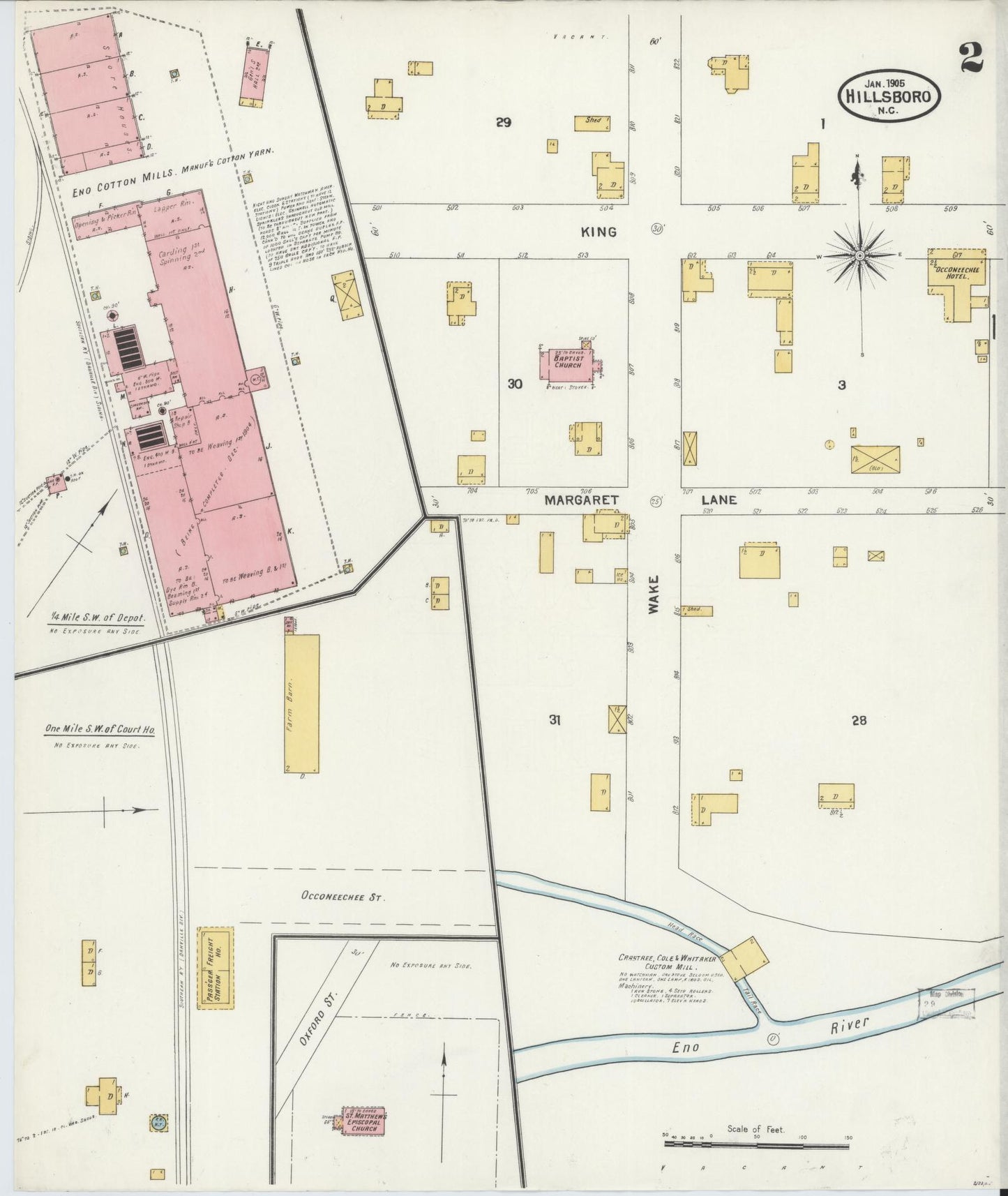 Sanborn Fire Insurance Map from Hillsboro, Orange County, North Carolina (1905), Sheet #0002 - Complete Map Set gallery image, historic Sanborn map, vintage wall art, North Carolina North Carolina