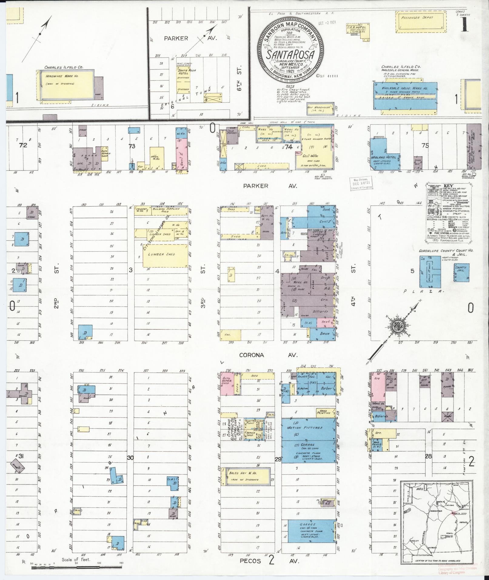 Sanborn Fire Insurance Map from Santa Rosa, Guadalupe County, New Mexico (1921), Sheet #0001 - Historic Sanborn Fire Insurance Map Print, vintage old map wall art, antique decor, genealogy gift, New Mexico New Mexico map