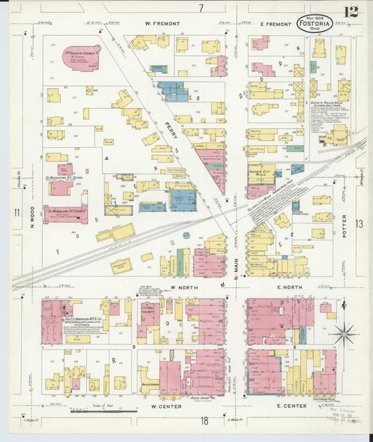 Sanborn Fire Insurance Map from Fostoria, Seneca, Hancock, And Wood Counties, Ohio (1908), Sheet #0012 - Historic Sanborn Fire Insurance Map Print, vintage old map wall art, antique decor, genealogy gift, Ohio Ohio map