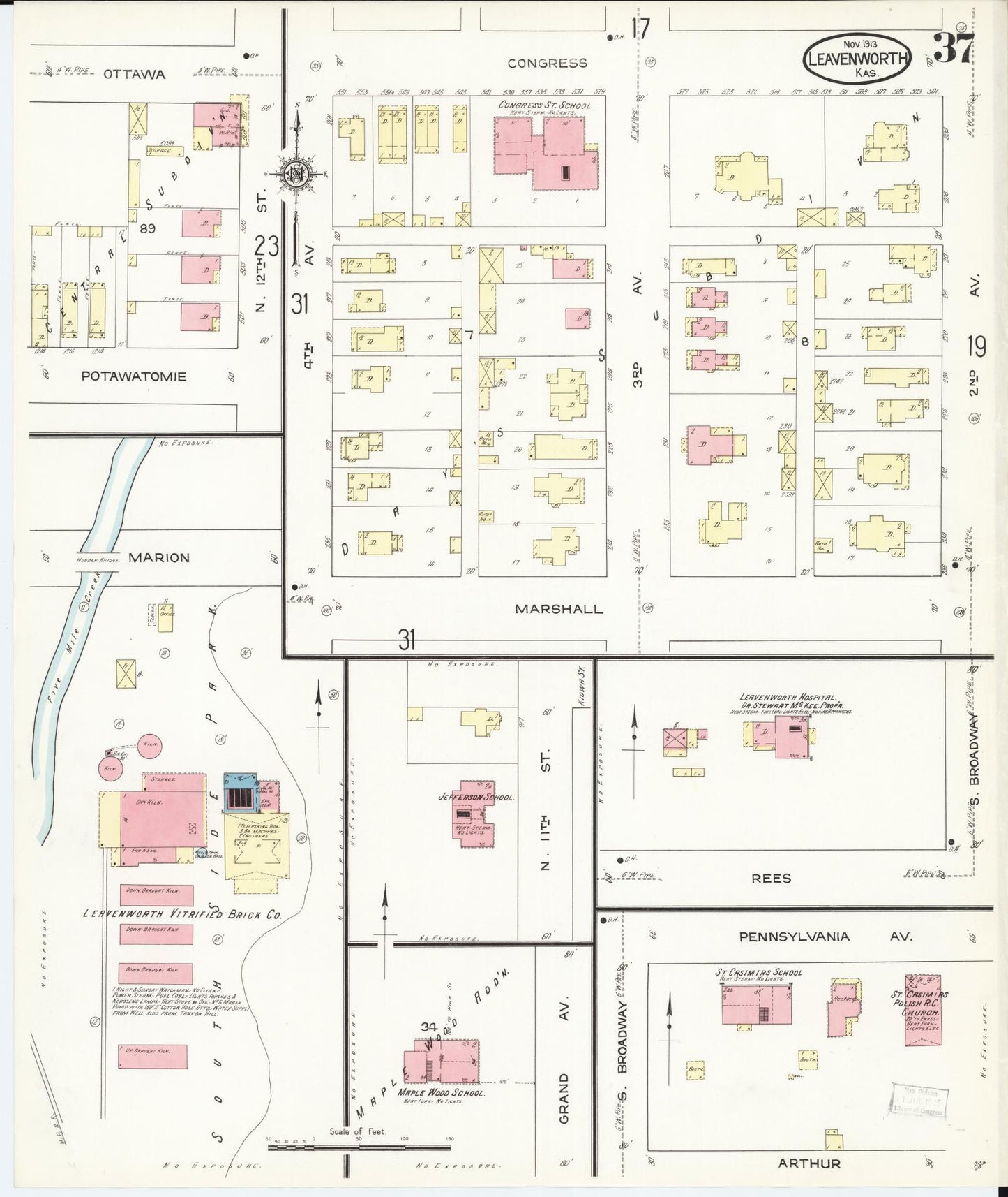 Sanborn Fire Insurance Map from Leavenworth, Leavenworth County, Kansas (1913), Sheet #0038 - Complete Map Set gallery image, historic Sanborn map, vintage wall art, Kansas Kansas