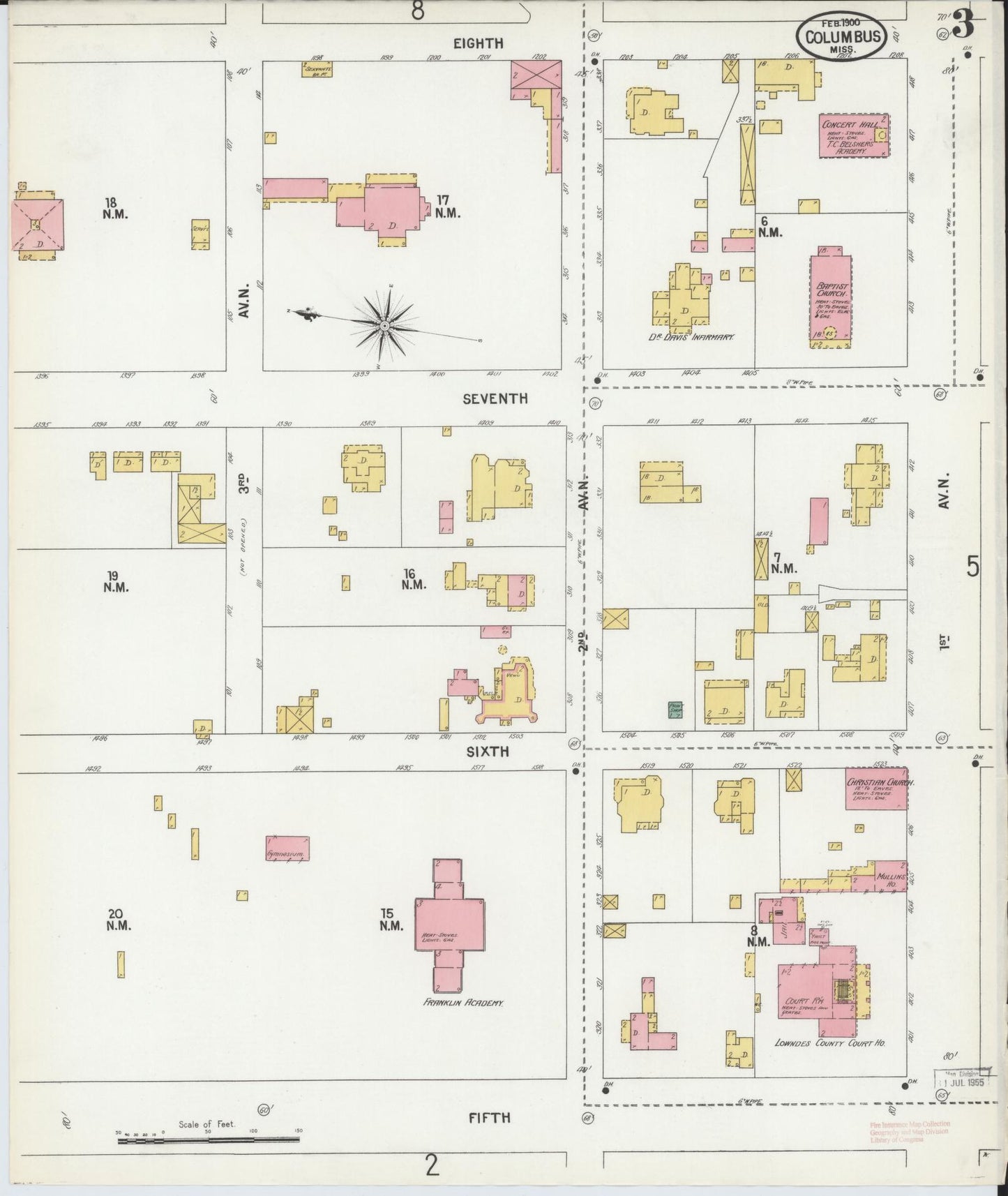 Sanborn Fire Insurance Map from Columbus, Lowndes County, Mississippi (1900), Sheet #0003 - Complete Map Set gallery image, historic Sanborn map, vintage wall art, Mississippi Mississippi