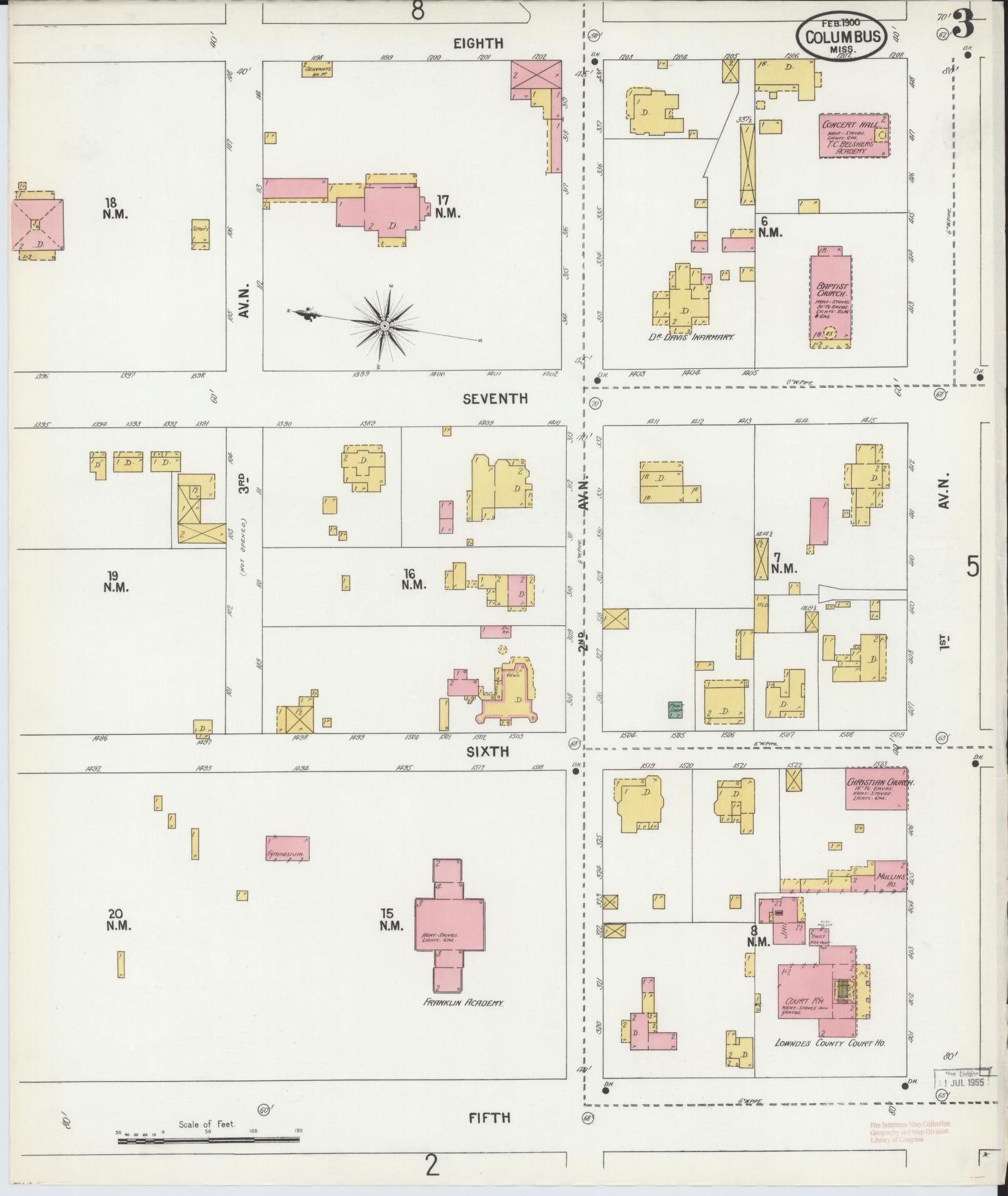 Sanborn Fire Insurance Map from Columbus, Lowndes County, Mississippi (1900), Sheet #0003 - Complete Map Set gallery image, historic Sanborn map, vintage wall art, Mississippi Mississippi
