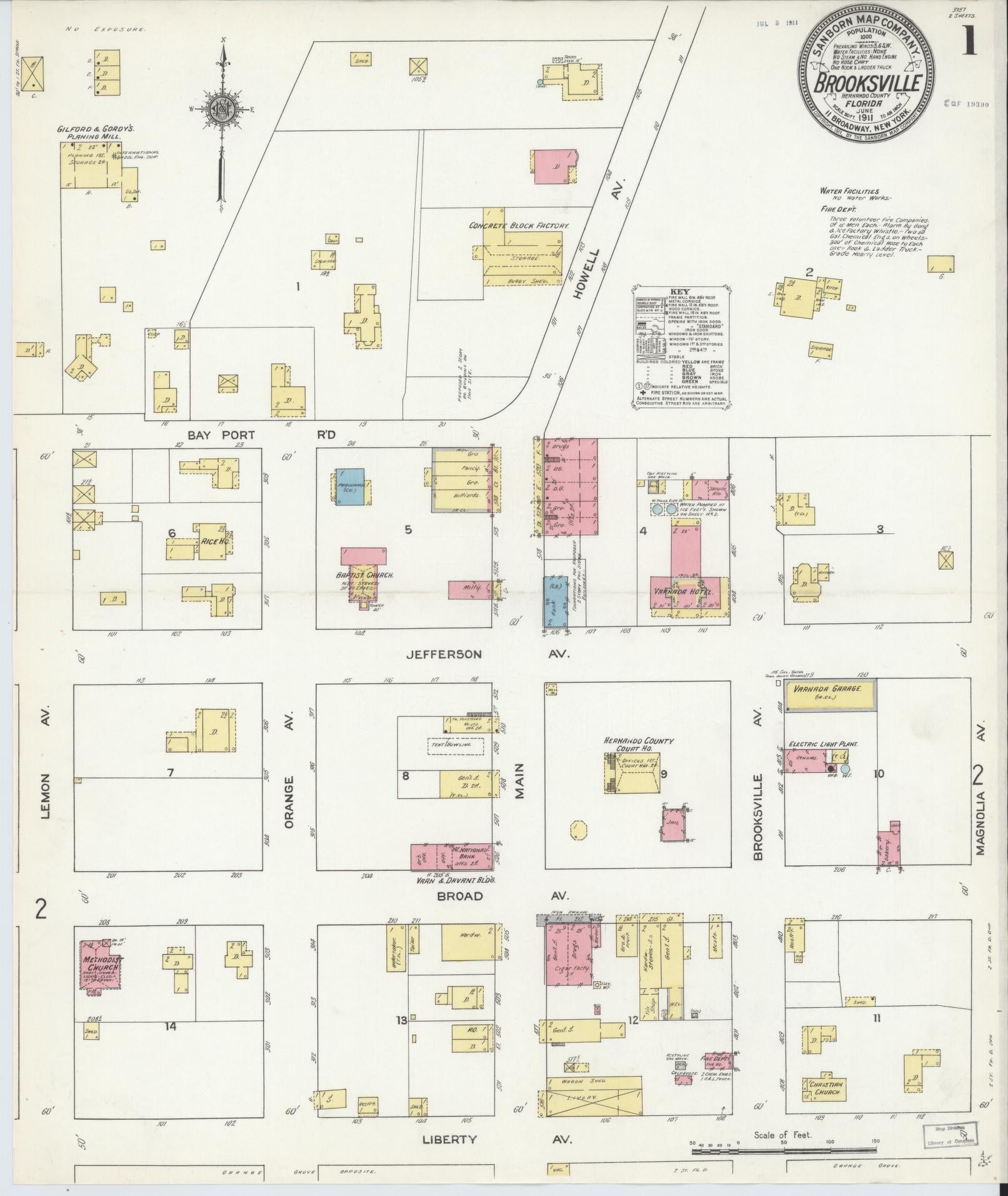 Sanborn Fire Insurance Map from Brooksville, Hernando County, Florida (1911), Sheet #0001 - Historic Sanborn Fire Insurance Map Print, vintage old map wall art, antique decor, genealogy gift, Florida Florida map