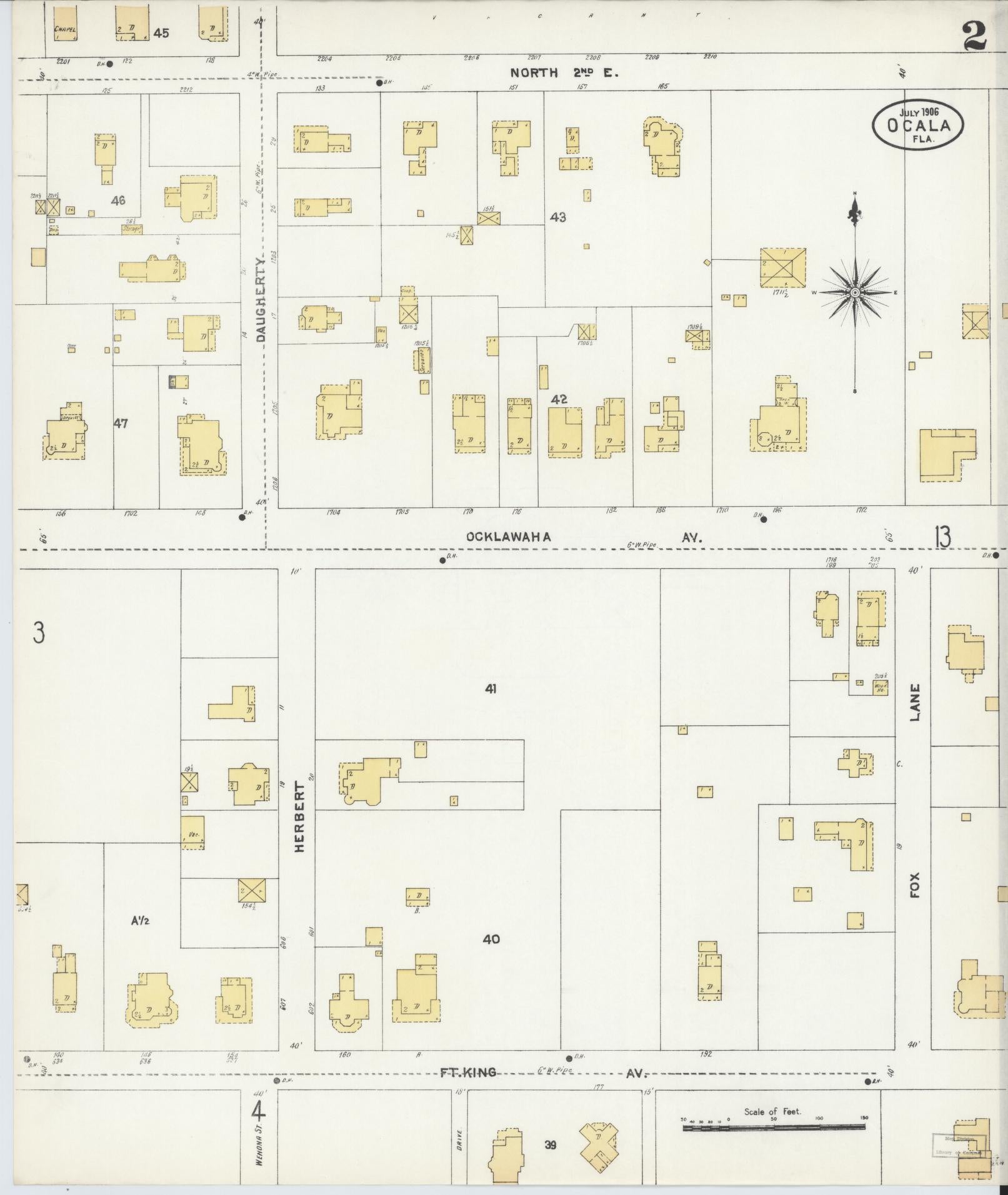 Sanborn Fire Insurance Map from Ocala, Marion County, Florida (1906), Sheet #0002 - Complete Map Set gallery image, historic Sanborn map, vintage wall art, Florida Florida