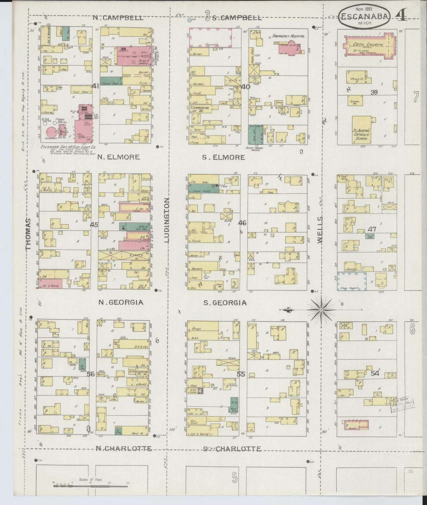 Sanborn Fire Insurance Map from Escanaba, Delta County, Michigan (1893), Sheet #0004 - Complete Map Set gallery image, historic Sanborn map, vintage wall art, Michigan Michigan