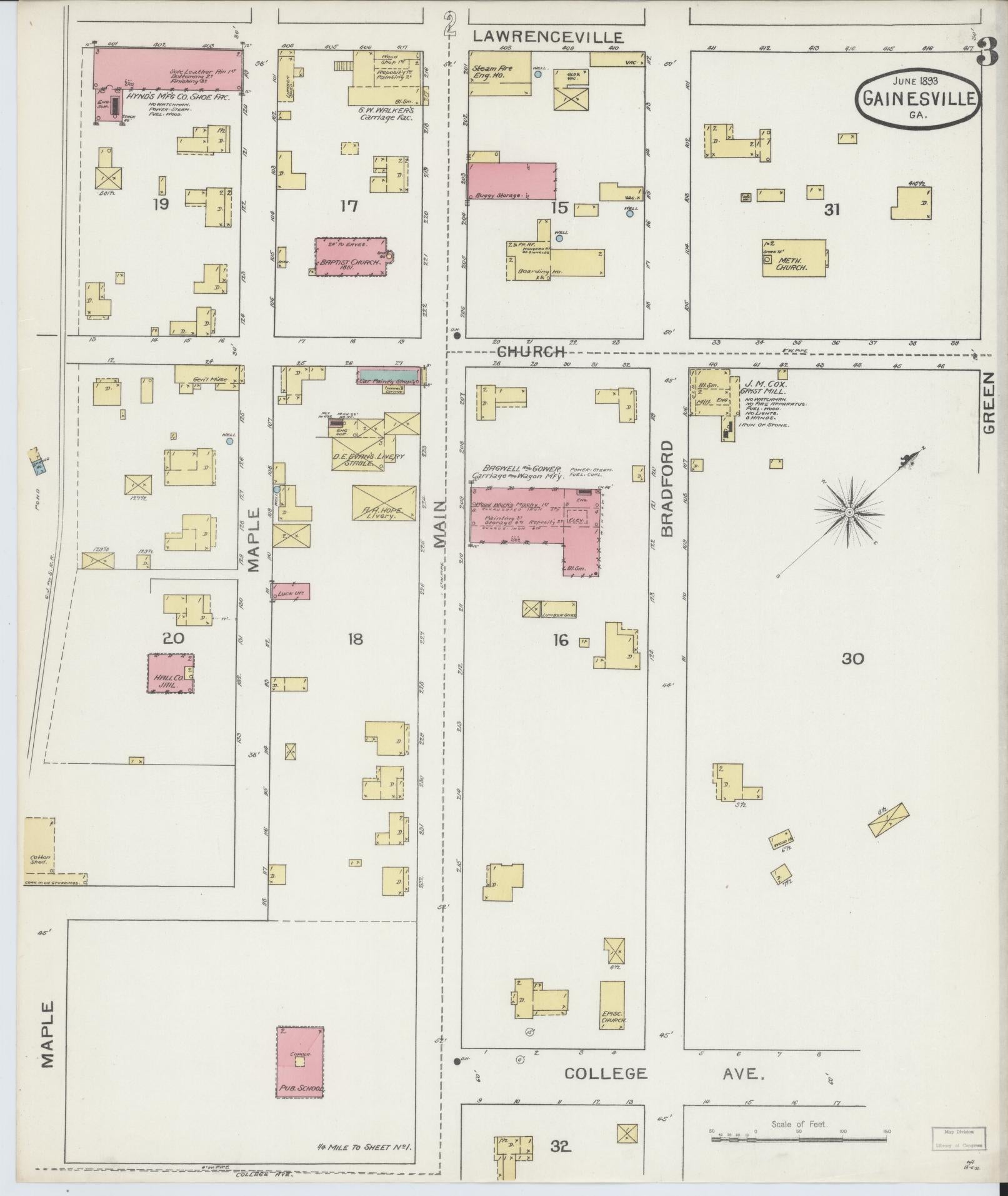 Sanborn Fire Insurance Map from Gainesville, Hall County, Georgia (1893), Sheet #0003 - Complete Map Set gallery image, historic Sanborn map, vintage wall art, Georgia Georgia