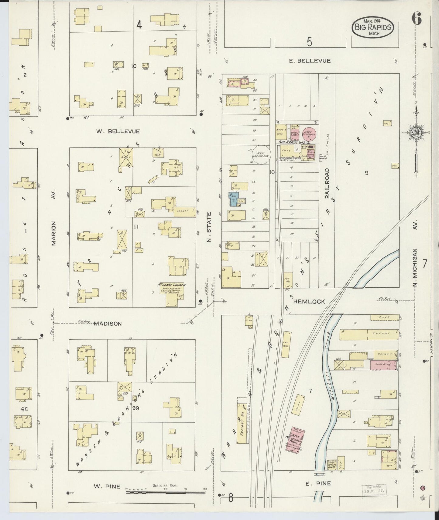Sanborn Fire Insurance Map from Big Rapids, Mecosta County, Michigan (1914), Sheet #0006 - Historic Sanborn Fire Insurance Map Print, vintage old map wall art, antique decor, genealogy gift, Michigan Michigan map