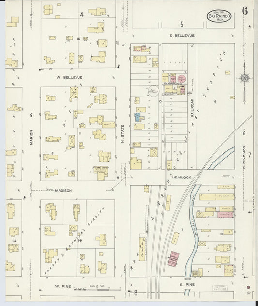 Sanborn Fire Insurance Map from Big Rapids, Mecosta County, Michigan (1914), Sheet #0006 - Historic Sanborn Fire Insurance Map Print, vintage old map wall art, antique decor, genealogy gift, Michigan Michigan map