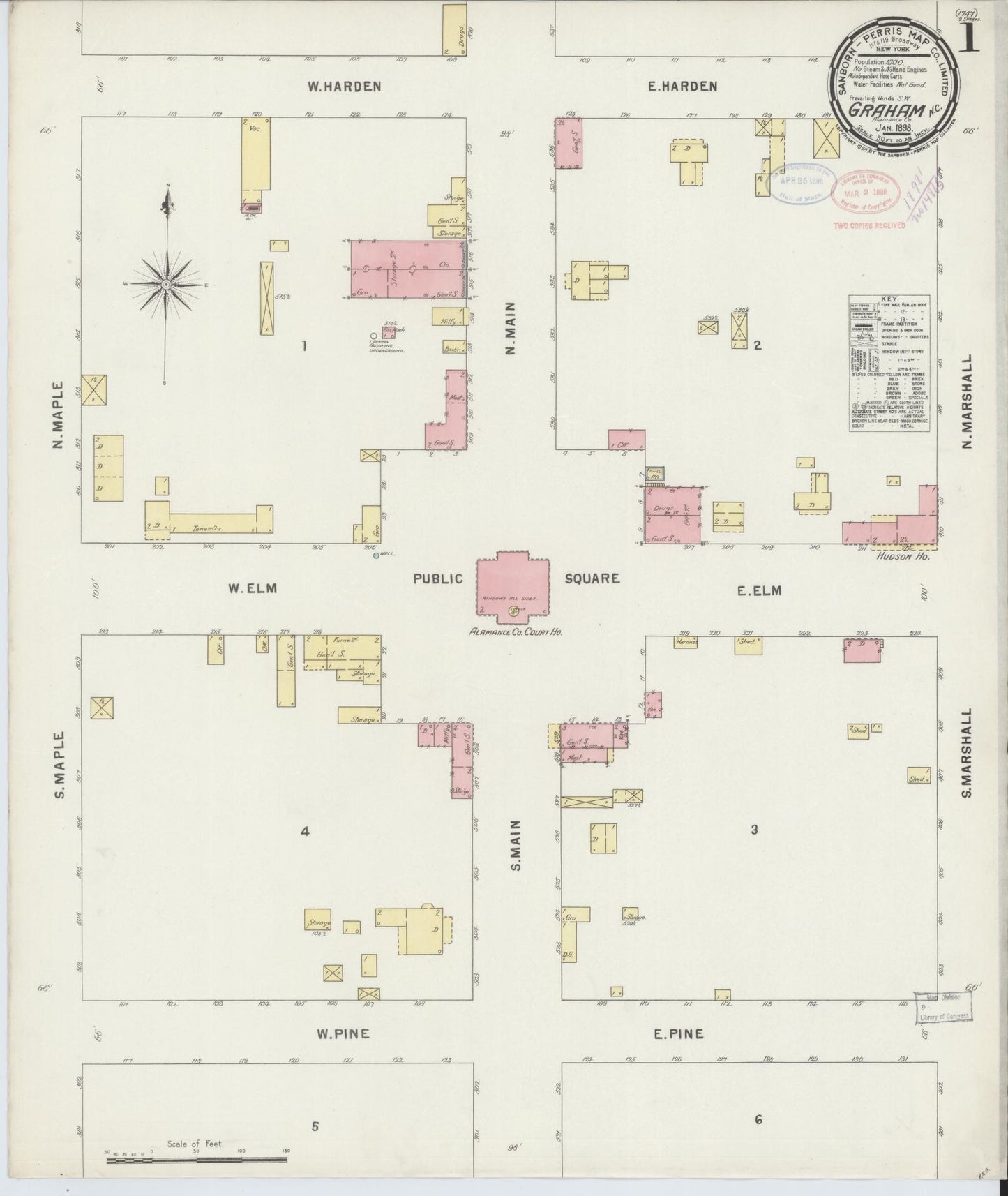 Sanborn Fire Insurance Map from Graham, Alamance County, North Carolina (1898), Sheet #0001 - Complete Map Set gallery image, historic Sanborn map, vintage wall art, North Carolina North Carolina