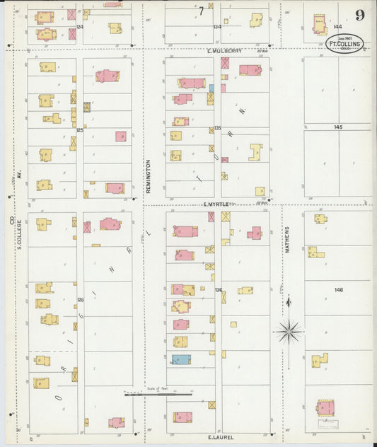 Sanborn Fire Insurance Map from Fort Collins, Larimer County, Colorado (1901), Sheet #0009 - Historic Sanborn Fire Insurance Map Print, vintage old map wall art, antique decor, genealogy gift, Colorado Colorado map