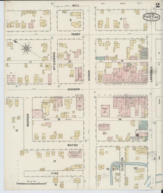 Sanborn Fire Insurance Map from Pontiac, Oakland County, Michigan (1888), Sheet #0002 - Historic Sanborn Fire Insurance Map Print, vintage old map wall art, antique decor, genealogy gift, Michigan Michigan map