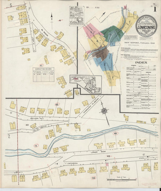 Sanborn Fire Insurance Map from Lonaconing, Allegany County, Maryland (1943), Sheet #0001 - Historic Sanborn Fire Insurance Map Print, vintage old map wall art, antique decor, genealogy gift, Maryland Maryland map