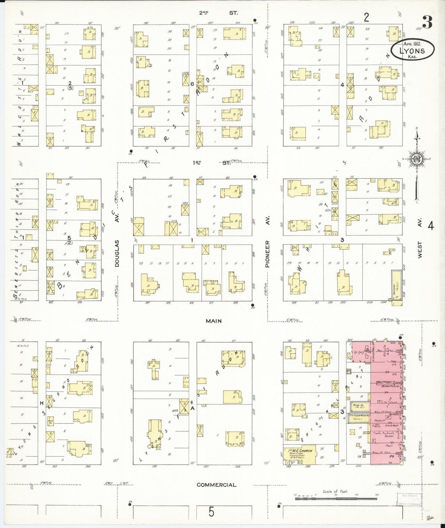 Sanborn Fire Insurance Map from Lyons, Rice County, Kansas (1912), Sheet #0003 - Complete Map Set gallery image, historic Sanborn map, vintage wall art, Kansas Kansas