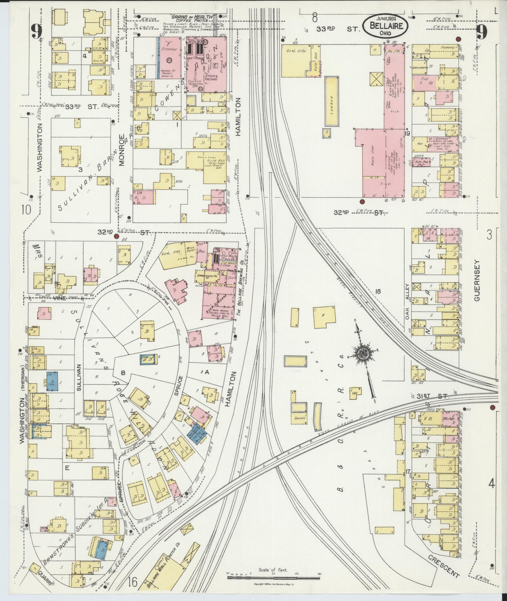 Sanborn Fire Insurance Map from Bellaire, Belmont County, Ohio (1924), Sheet #0009 - Complete Map Set gallery image, historic Sanborn map, vintage wall art, Ohio Ohio