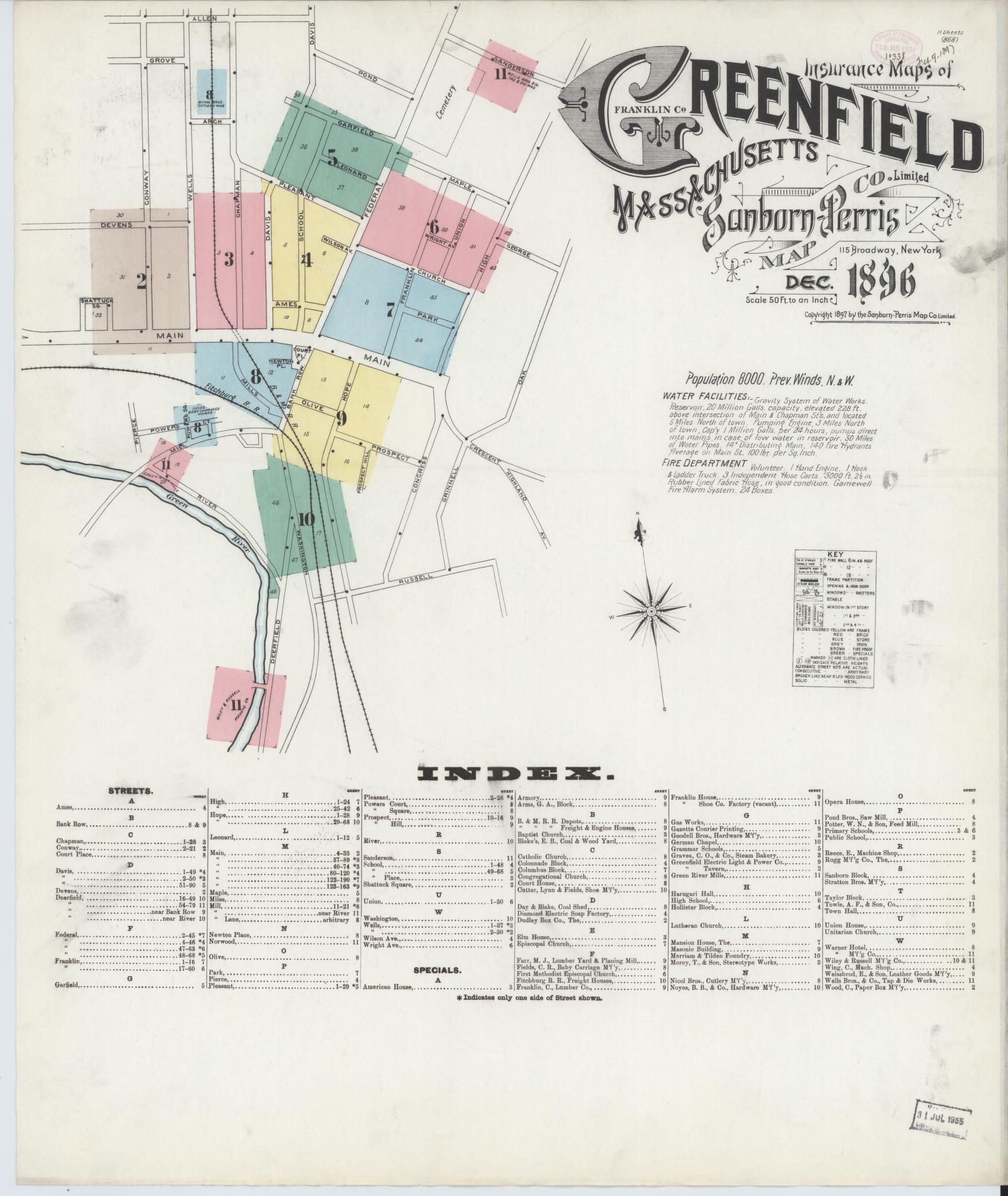 Sanborn Fire Insurance Map from Greenfield, Franklin County, Massachusetts (1896), Sheet #0001 - Complete Map Set gallery image, historic Sanborn map, vintage wall art, Massachusetts Massachusetts
