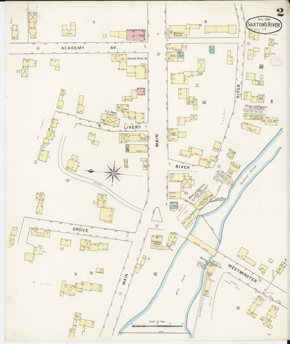 Sanborn Fire Insurance Map from Saxton's River, Windham County, Vermont (1894), Sheet #0002 - Historic Sanborn Fire Insurance Map Print, vintage old map wall art, antique decor, genealogy gift, Vermont Vermont map
