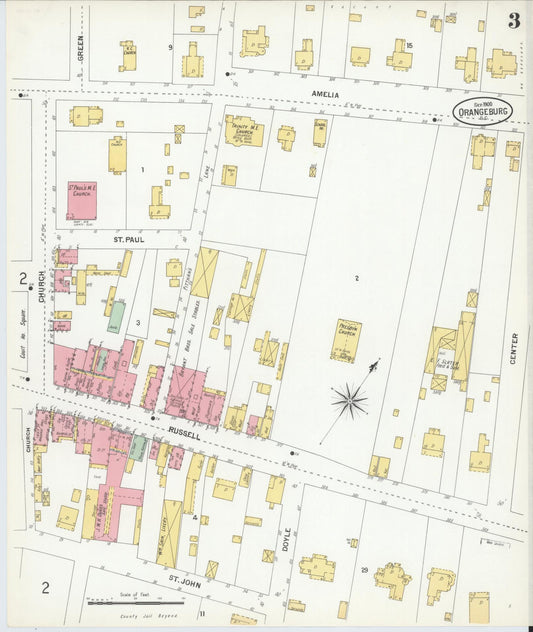 Sanborn Fire Insurance Map from Orangeburg, Orangeburg County, South Carolina (1900), Sheet #0003 - Historic Sanborn Fire Insurance Map Print, vintage old map wall art, antique decor, genealogy gift, South Carolina South Carolina map