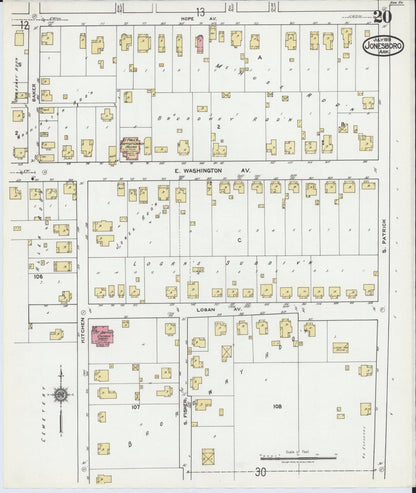 Sanborn Fire Insurance Map from Jonesboro, Craighead County, Arkansas (1919), Sheet #0020 - Complete Map Set gallery image, historic Sanborn map, vintage wall art, Arkansas Arkansas