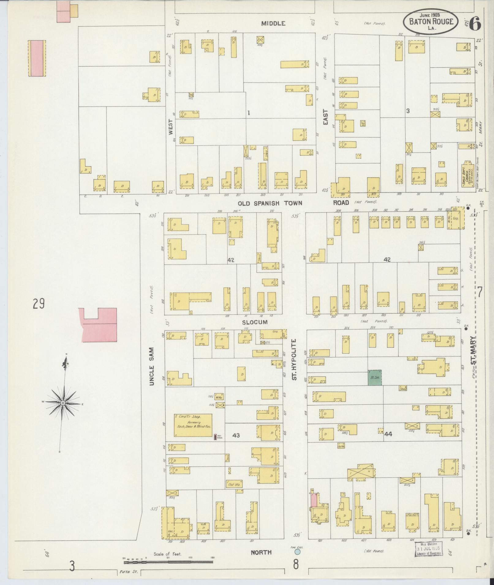 Sanborn Fire Insurance Map from Baton Rouge, East Baton Rouge Parish, Louisiana (1903), Sheet #0006 - Historic Sanborn Fire Insurance Map Print, vintage old map wall art, antique decor, genealogy gift, Louisiana Louisiana map