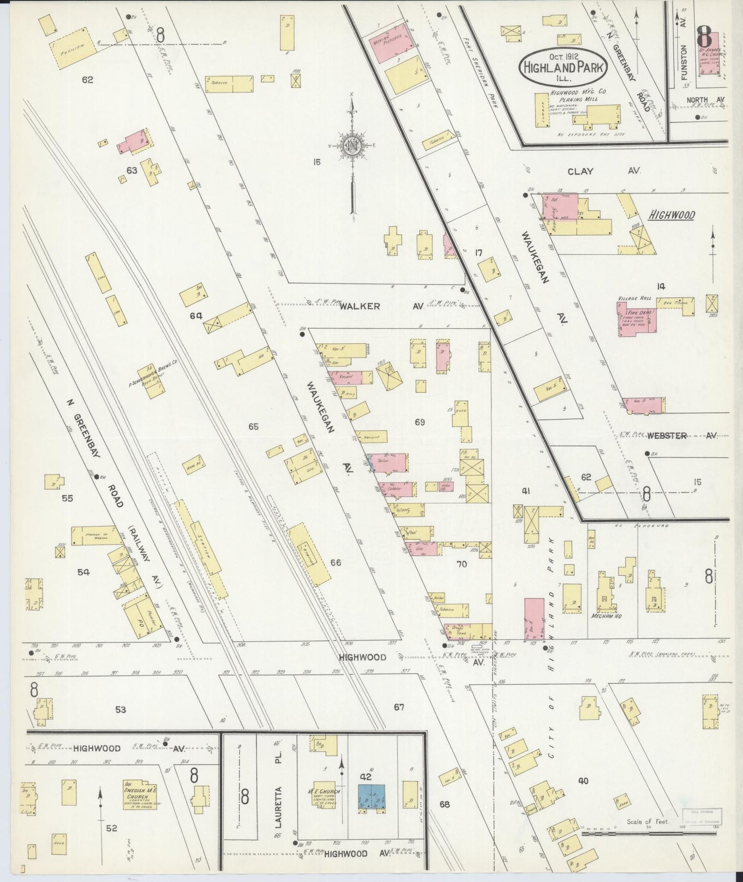 Sanborn Fire Insurance Map from Highland Park, Lake County, Illinois (1912), Sheet #0008 - Complete Map Set gallery image, historic Sanborn map, vintage wall art, Illinois Illinois