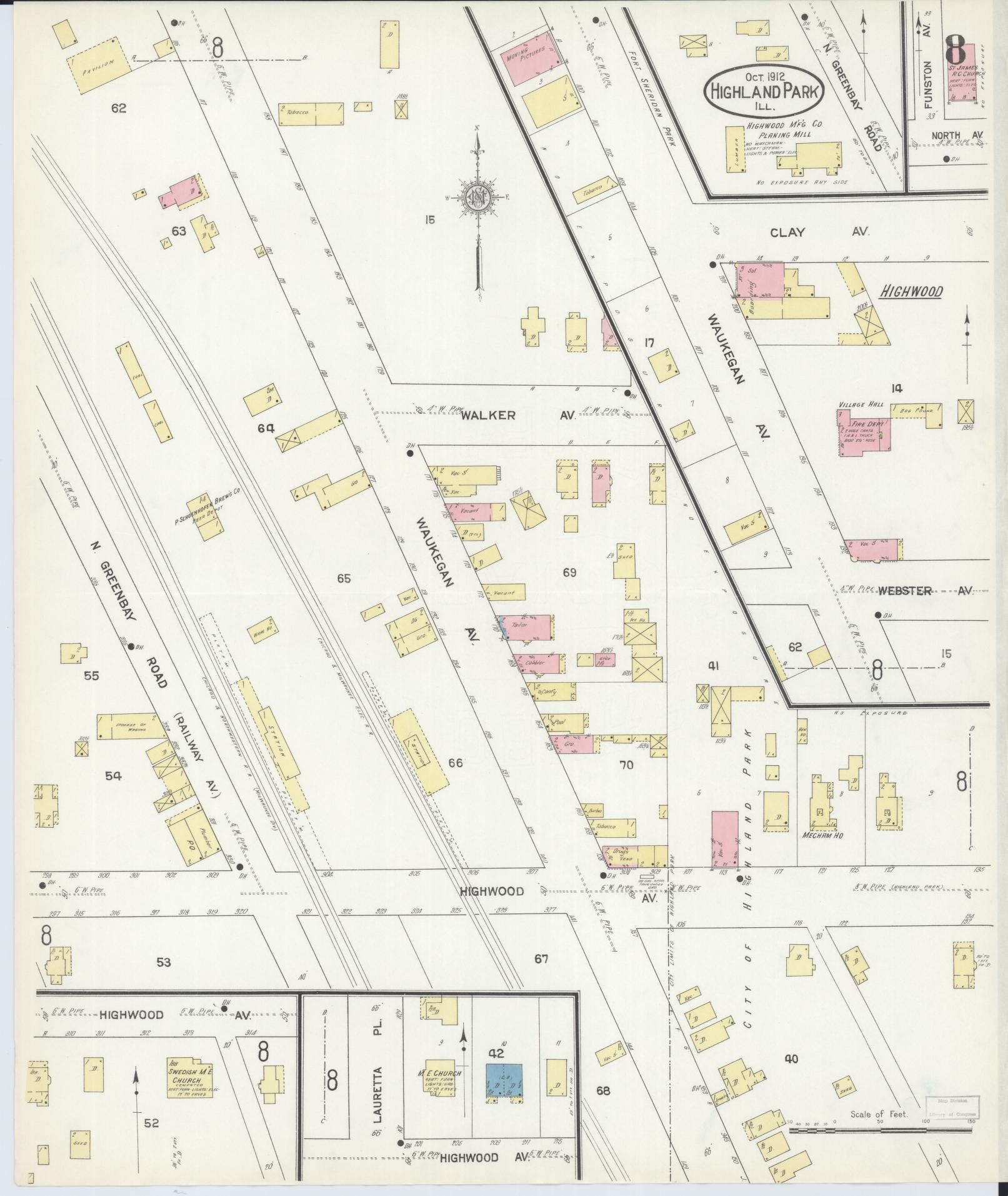 Sanborn Fire Insurance Map from Highland Park, Lake County, Illinois (1912), Sheet #0008 - Complete Map Set gallery image, historic Sanborn map, vintage wall art, Illinois Illinois