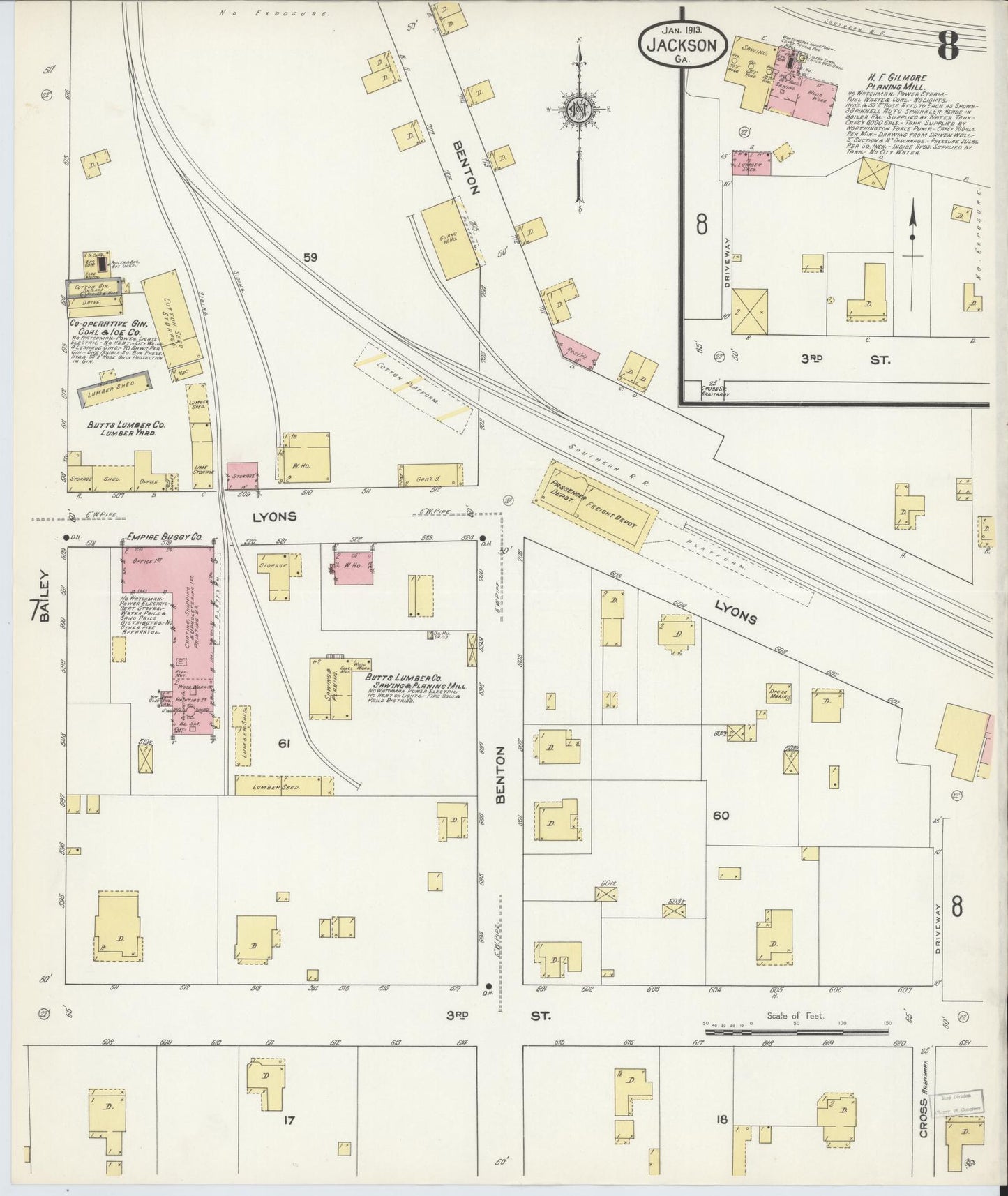 Sanborn Fire Insurance Map from Jackson, Butts County, Georgia (1913), Sheet #0008 - Complete Map Set gallery image, historic Sanborn map, vintage wall art, Georgia Georgia