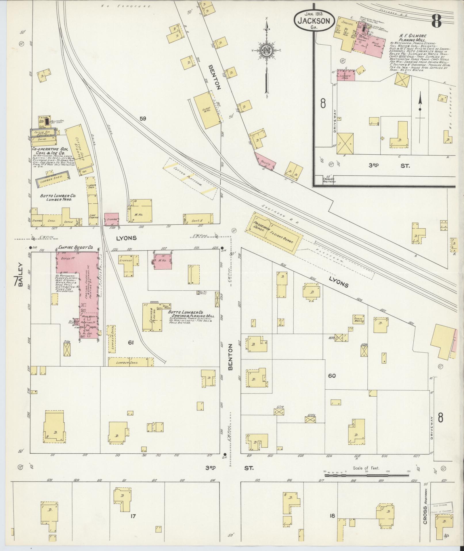 Sanborn Fire Insurance Map from Jackson, Butts County, Georgia (1913), Sheet #0008 - Complete Map Set gallery image, historic Sanborn map, vintage wall art, Georgia Georgia