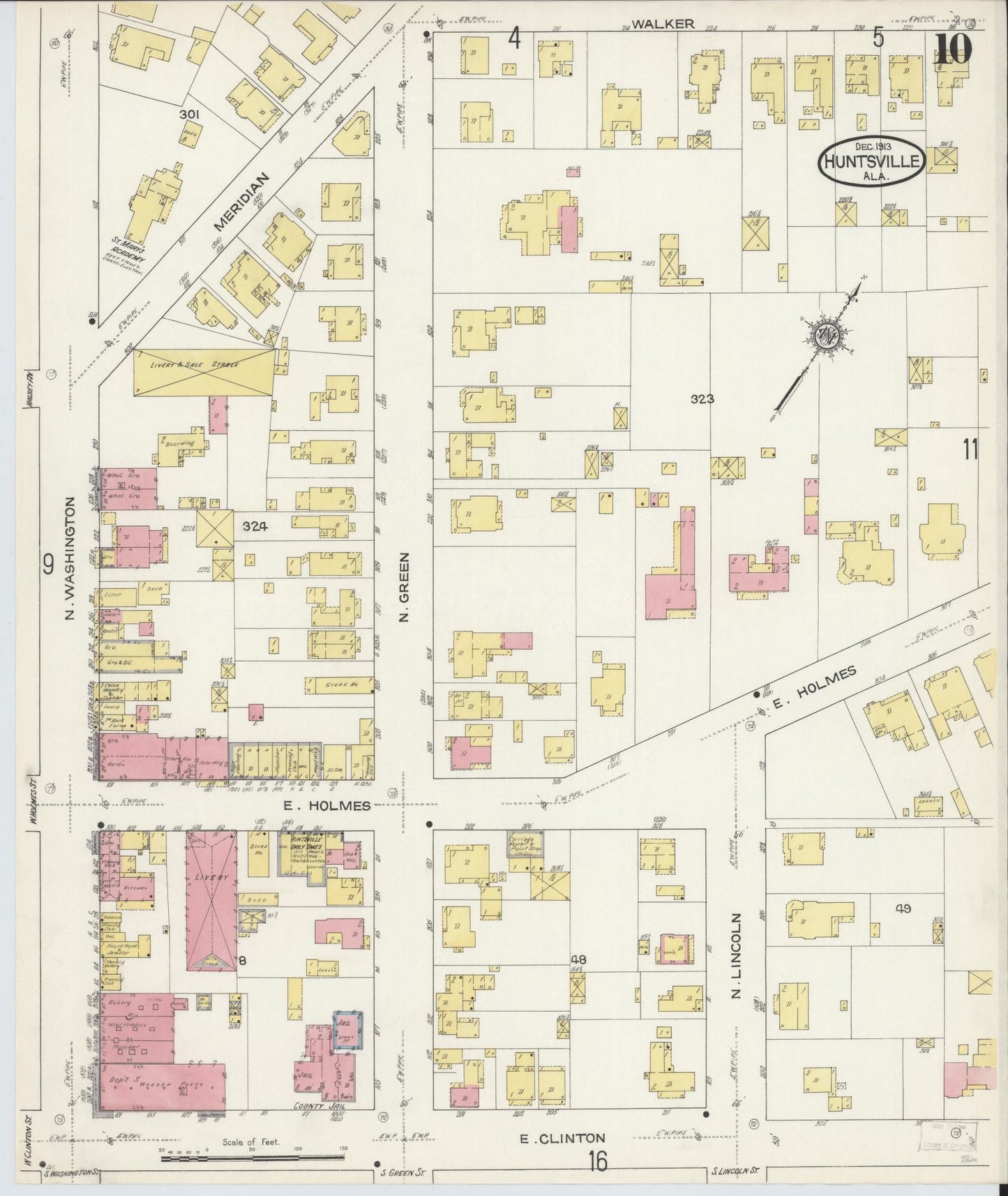 Sanborn Fire Insurance Map from Huntsville, Madison County, Alabama (1913), Sheet #0010 - Complete Map Set gallery image, historic Sanborn map, vintage wall art, Alabama Alabama