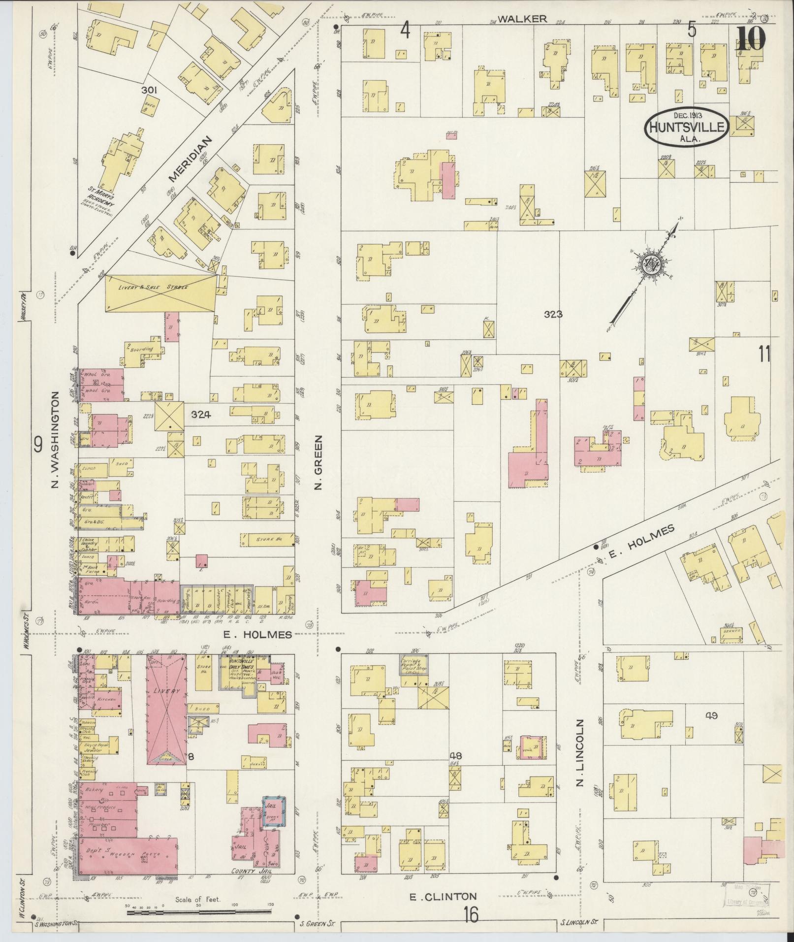 Sanborn Fire Insurance Map from Huntsville, Madison County, Alabama (1913), Sheet #0010 - Complete Map Set gallery image, historic Sanborn map, vintage wall art, Alabama Alabama