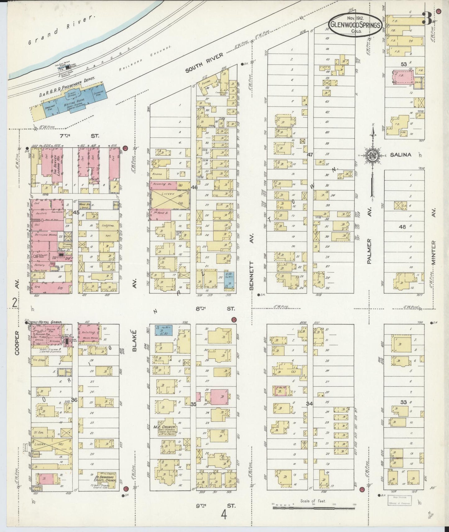 Sanborn Fire Insurance Map from Glenwood Springs, Garfield County, Colorado (1912), Sheet #0003 - Complete Map Set gallery image, historic Sanborn map, vintage wall art, Colorado Colorado