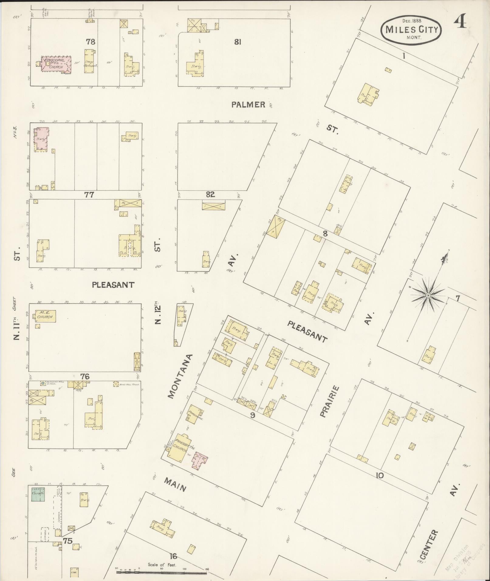 Sanborn Fire Insurance Map from Miles City, Custer County, Montana (1888), Sheet #0004 - Historic Sanborn Fire Insurance Map Print, vintage old map wall art, antique decor, genealogy gift, Montana Montana map