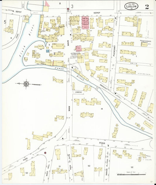 Sanborn Fire Insurance Map from Ludlow, Windsor County, Vermont (1912), Sheet #0002 - Historic Sanborn Fire Insurance Map Print, vintage old map wall art, antique decor, genealogy gift, Vermont Vermont map