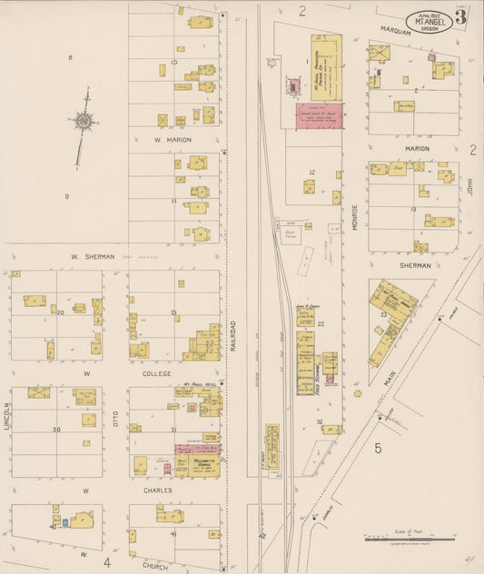 Sanborn Fire Insurance Map from Mount Angel, Marion County, Oregon (1922), Sheet #0003 - Historic Sanborn Fire Insurance Map Print, vintage old map wall art, antique decor, genealogy gift, Oregon Oregon map