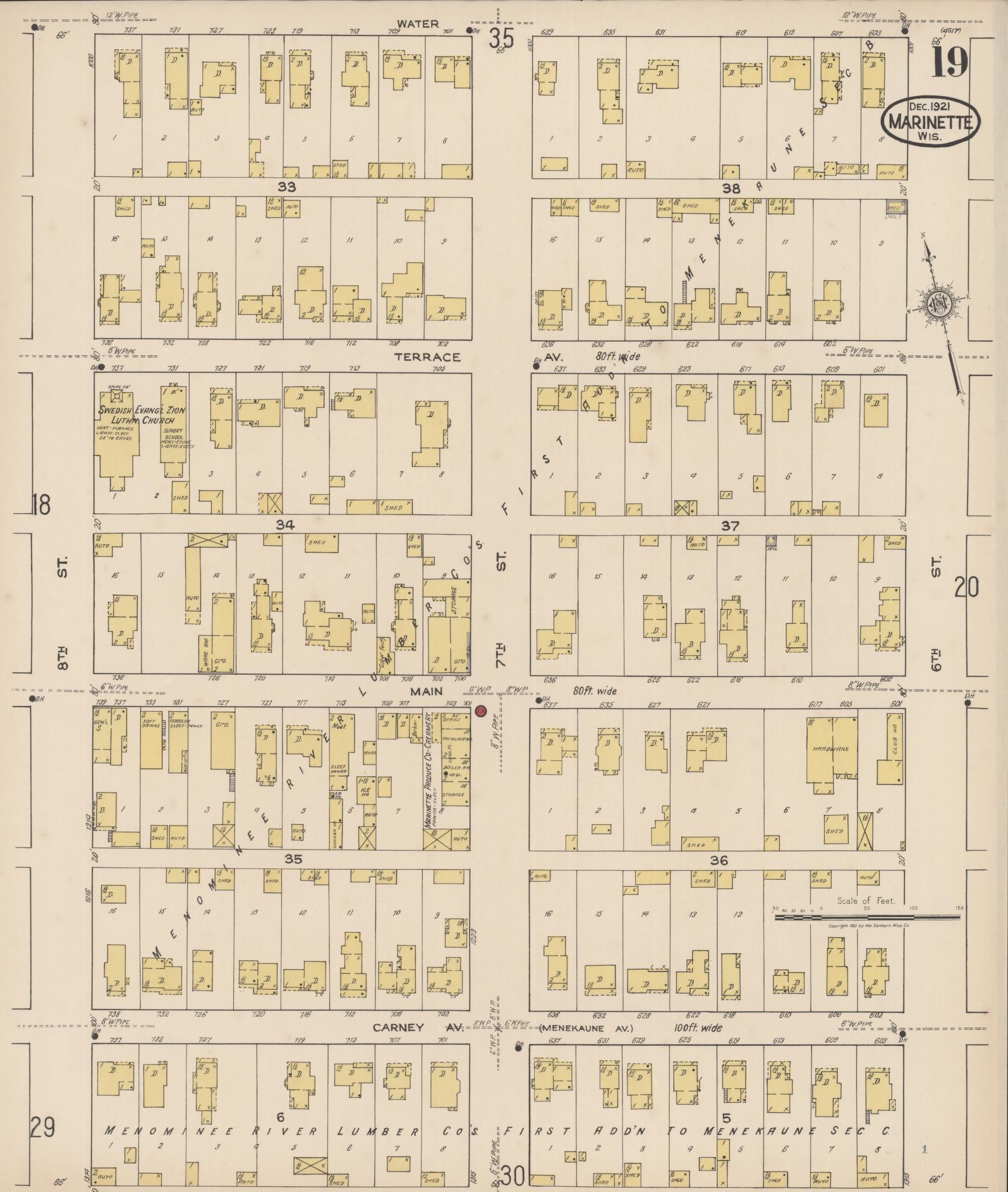 Sanborn Fire Insurance Map from Marinette, Marinette County, Wisconsin (1921), Sheet #0019 - Historic Sanborn Fire Insurance Map Print, vintage old map wall art, antique decor, genealogy gift, Wisconsin Wisconsin map