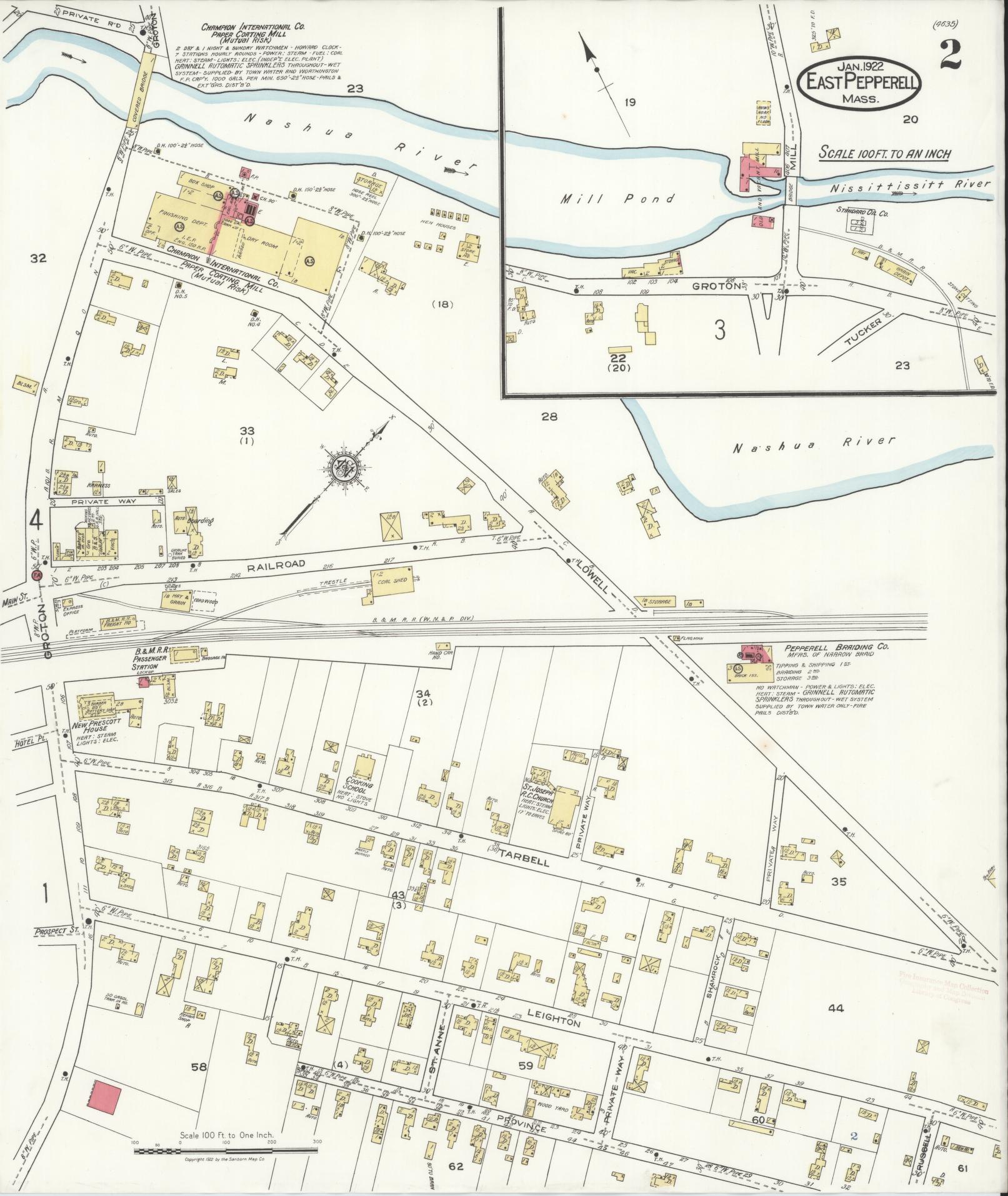 Sanborn Fire Insurance Map from East Pepperell, Middlesex County, Massachusetts (1922), Sheet #0002 - Historic Sanborn Fire Insurance Map Print, vintage old map wall art, antique decor, genealogy gift, Massachusetts Massachusetts map