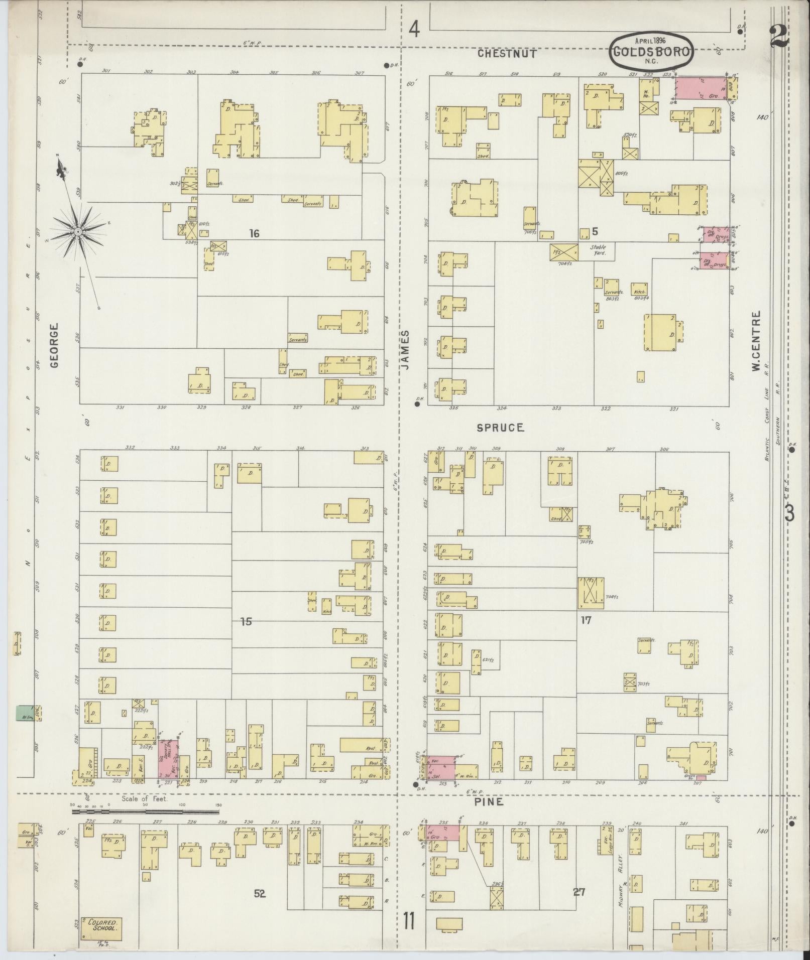 Sanborn Fire Insurance Map from Goldsboro, Wayne County, North Carolina (1896), Sheet #0002 - Complete Map Set gallery image, historic Sanborn map, vintage wall art, North Carolina North Carolina