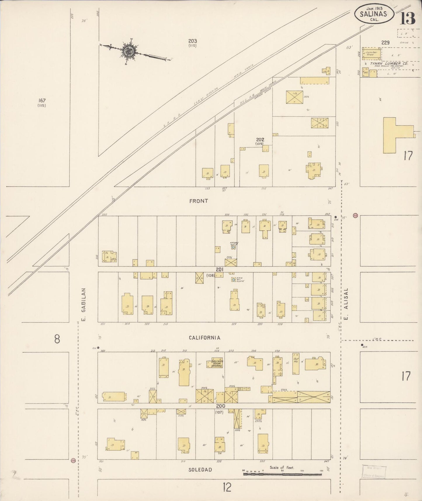Sanborn Fire Insurance Map from Salinas, Monterey County, California (1913), Sheet #0013 - Complete Map Set gallery image, historic Sanborn map, vintage wall art, California California