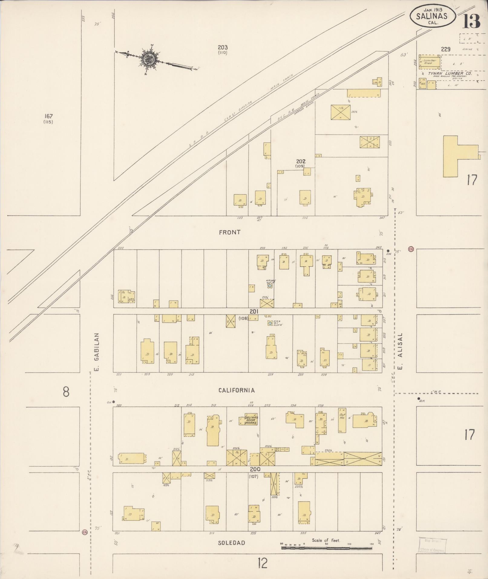 Sanborn Fire Insurance Map from Salinas, Monterey County, California (1913), Sheet #0013 - Complete Map Set gallery image, historic Sanborn map, vintage wall art, California California
