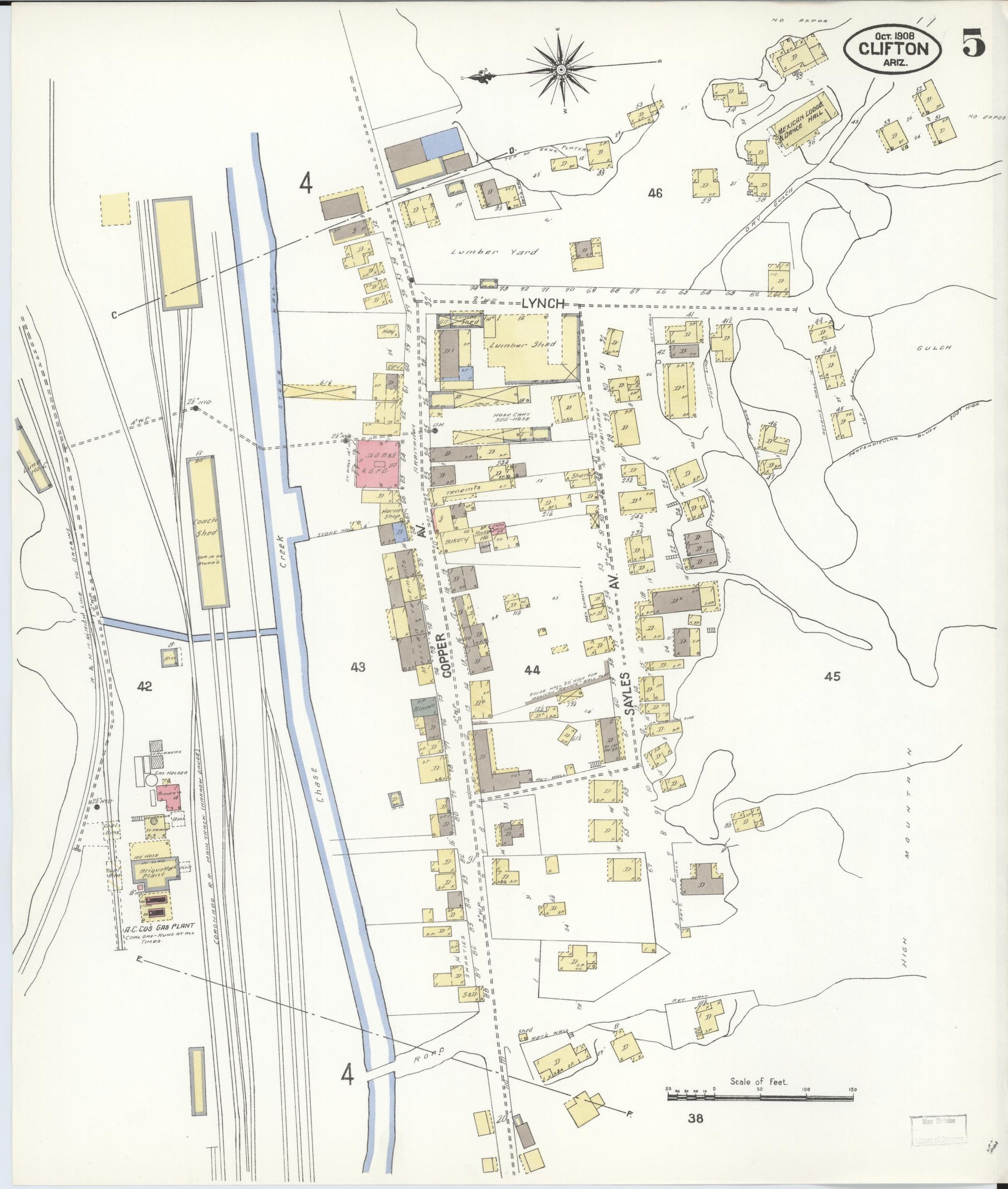 Sanborn Fire Insurance Map from Clifton, Greenlee County, Arizona (1908), Sheet #0005 - Historic Sanborn Fire Insurance Map Print, vintage old map wall art, antique decor, genealogy gift, Arizona Arizona map