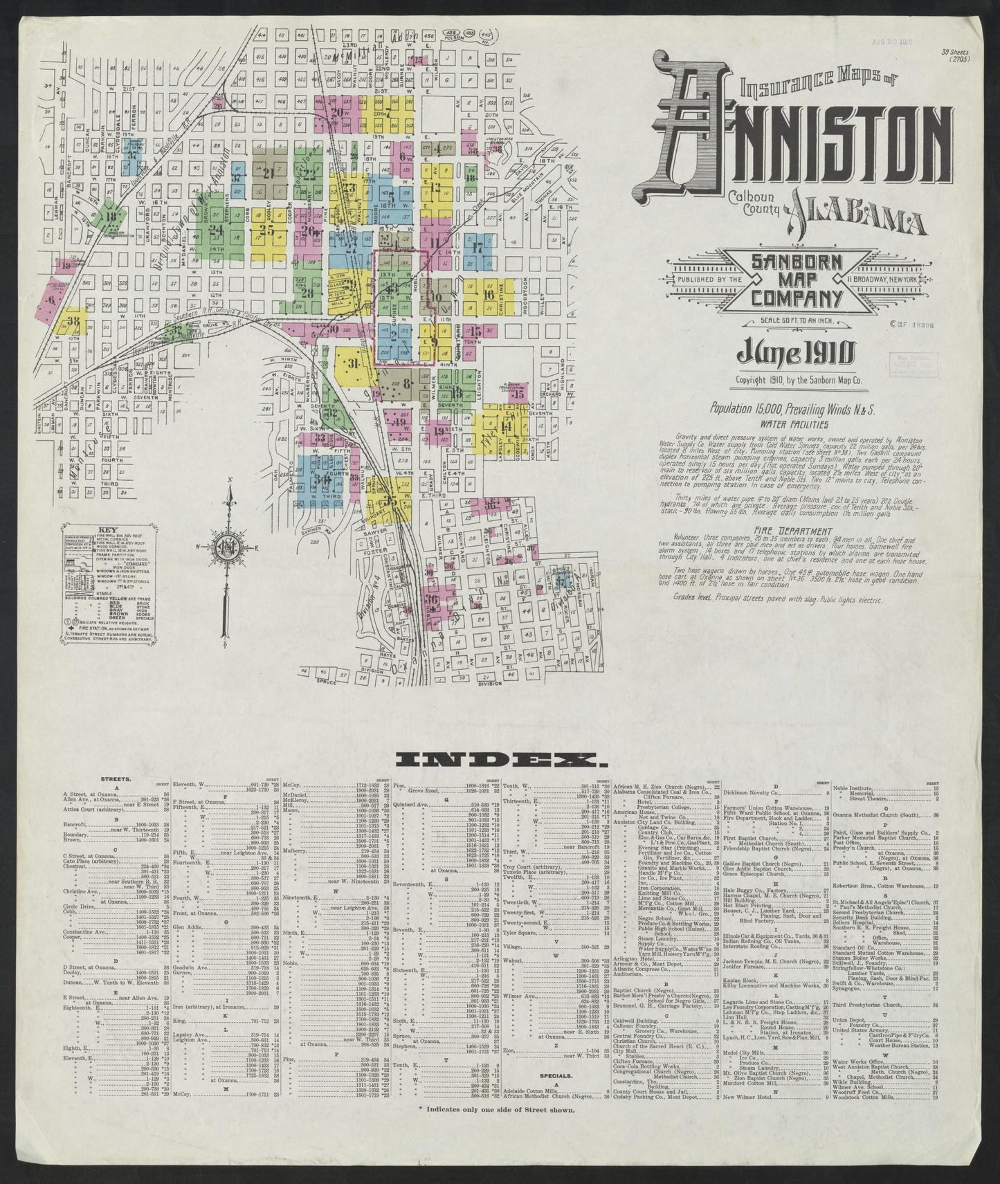 Sanborn Fire Insurance Map from Anniston, Calhoun County, Alabama (1910), Sheet #0001 - Historic Sanborn Fire Insurance Map Print, vintage old map wall art, antique decor, genealogy gift, Alabama Alabama map