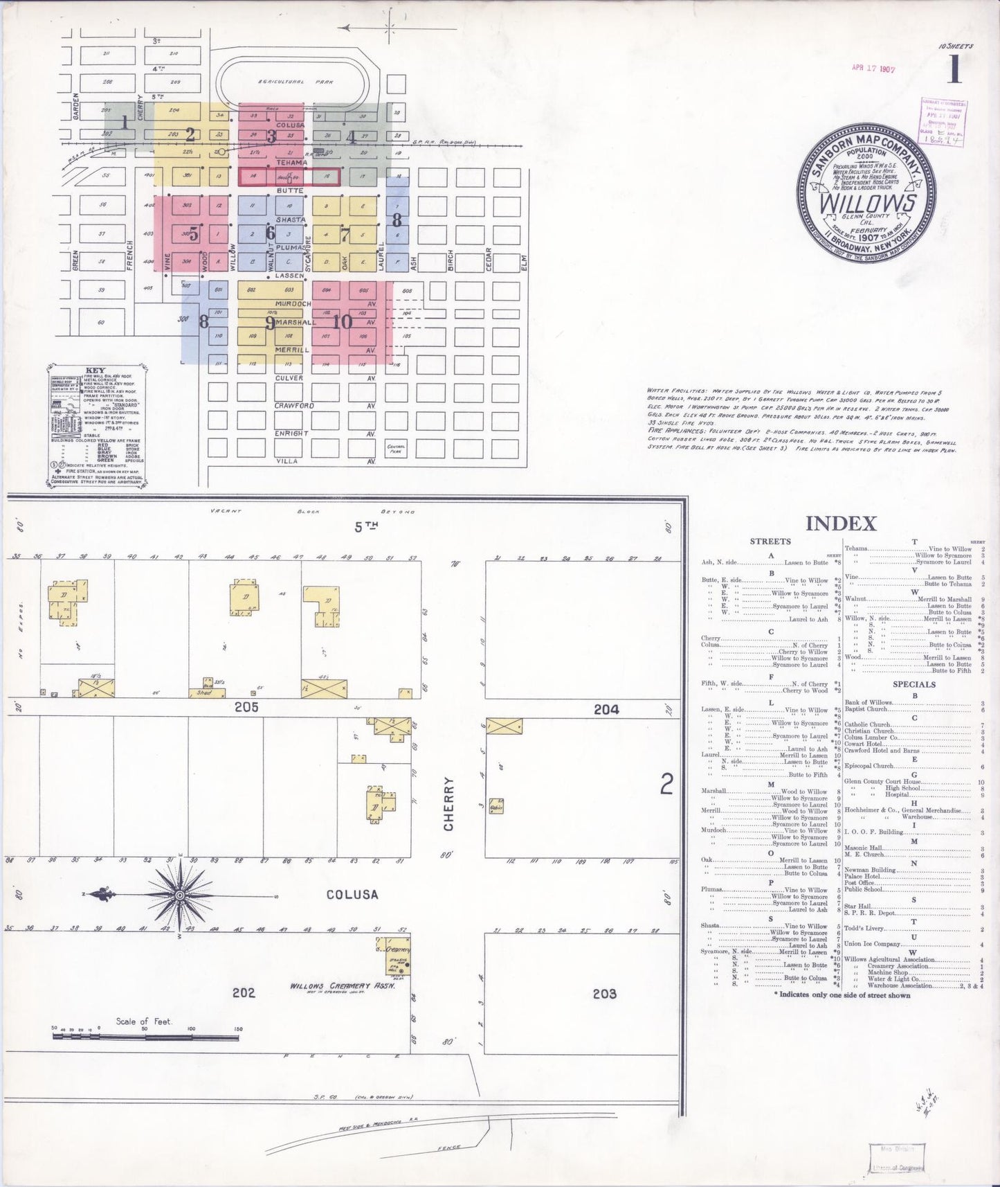 Sanborn Fire Insurance Map from Willows, Glenn County, California (1907), Sheet #0001 - Complete Map Set gallery image, historic Sanborn map, vintage wall art, California California