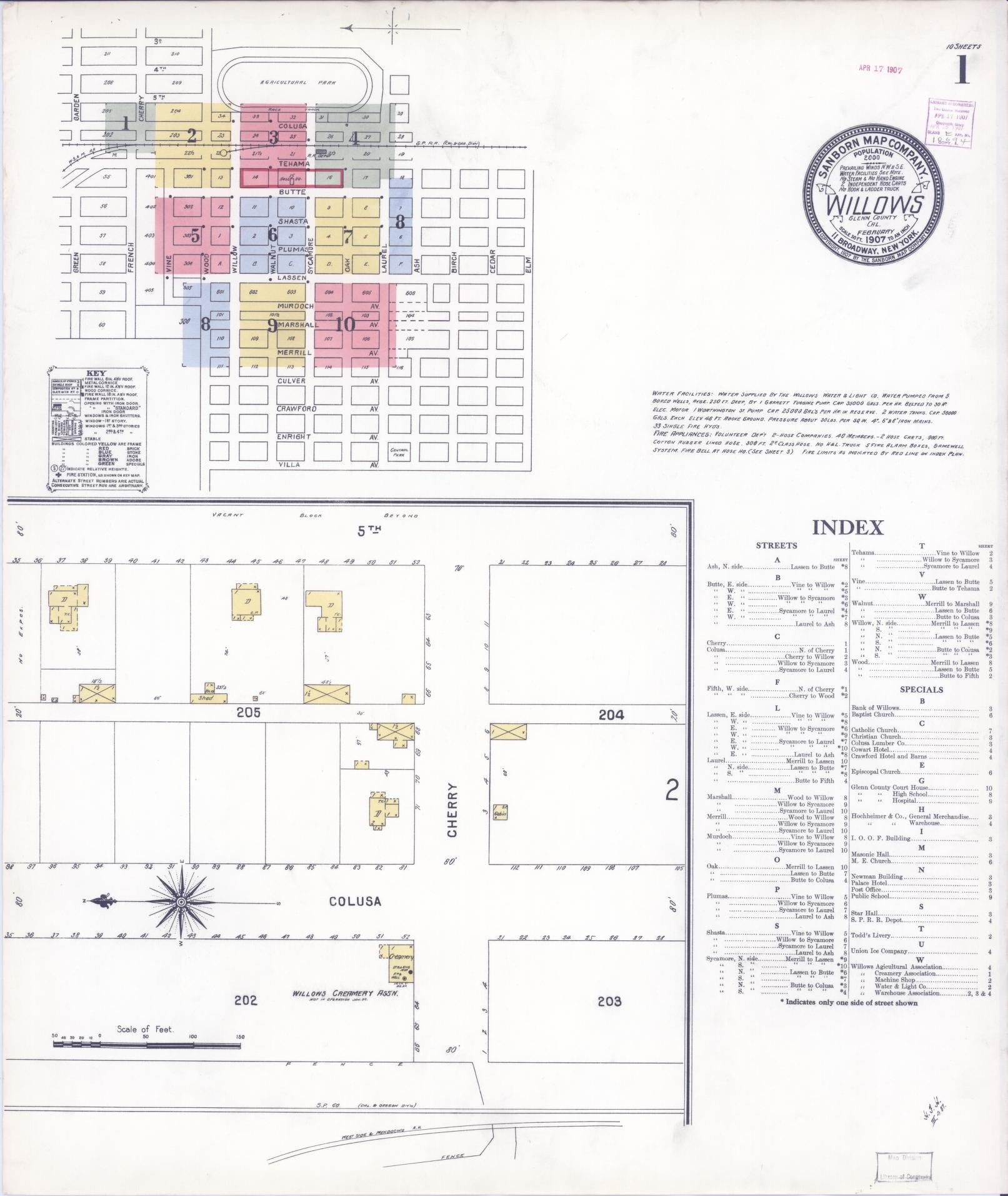 Sanborn Fire Insurance Map from Willows, Glenn County, California (1907), Sheet #0001 - Complete Map Set gallery image, historic Sanborn map, vintage wall art, California California
