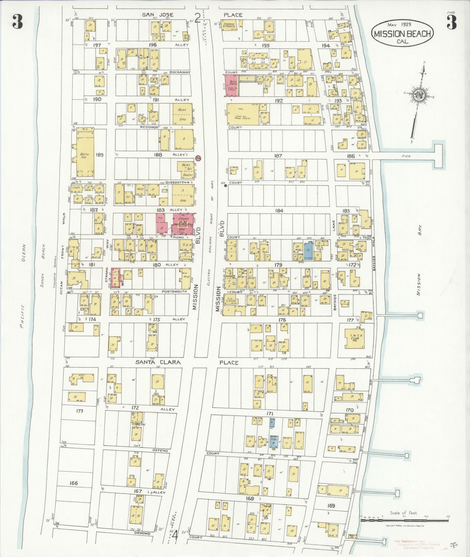 Sanborn Fire Insurance Map from Mission Beach, San Diego County, California (1929), Sheet #0003 - Historic Sanborn Fire Insurance Map Print, vintage old map wall art, antique decor, genealogy gift, California California map